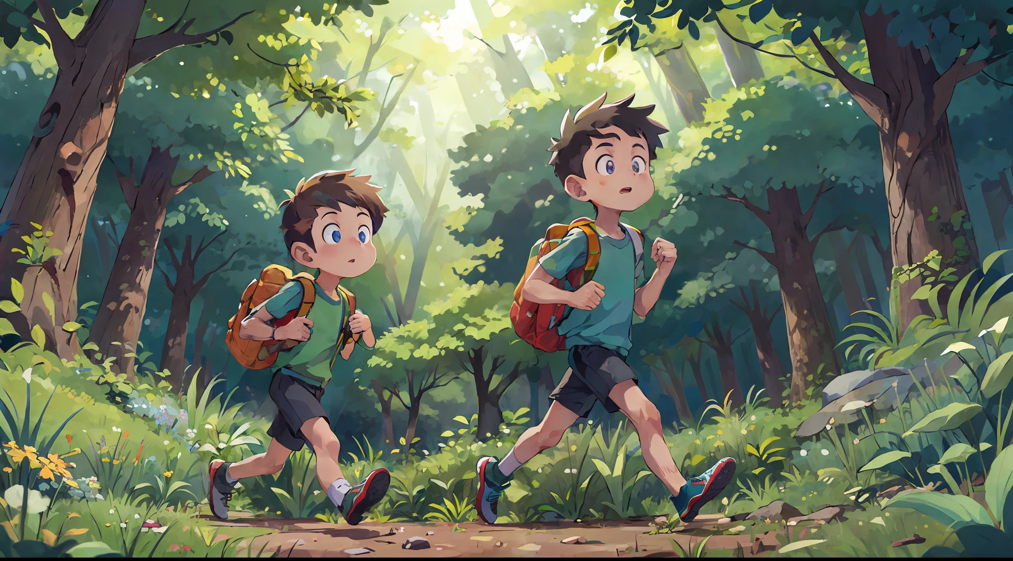 (SFW), two running boys, backpacks on their backs, forest in the background, perfect quality, clear focus, colorful, perfect anatomy, perfect face, intricate details, ultra-low viewing angle, wide angle lens