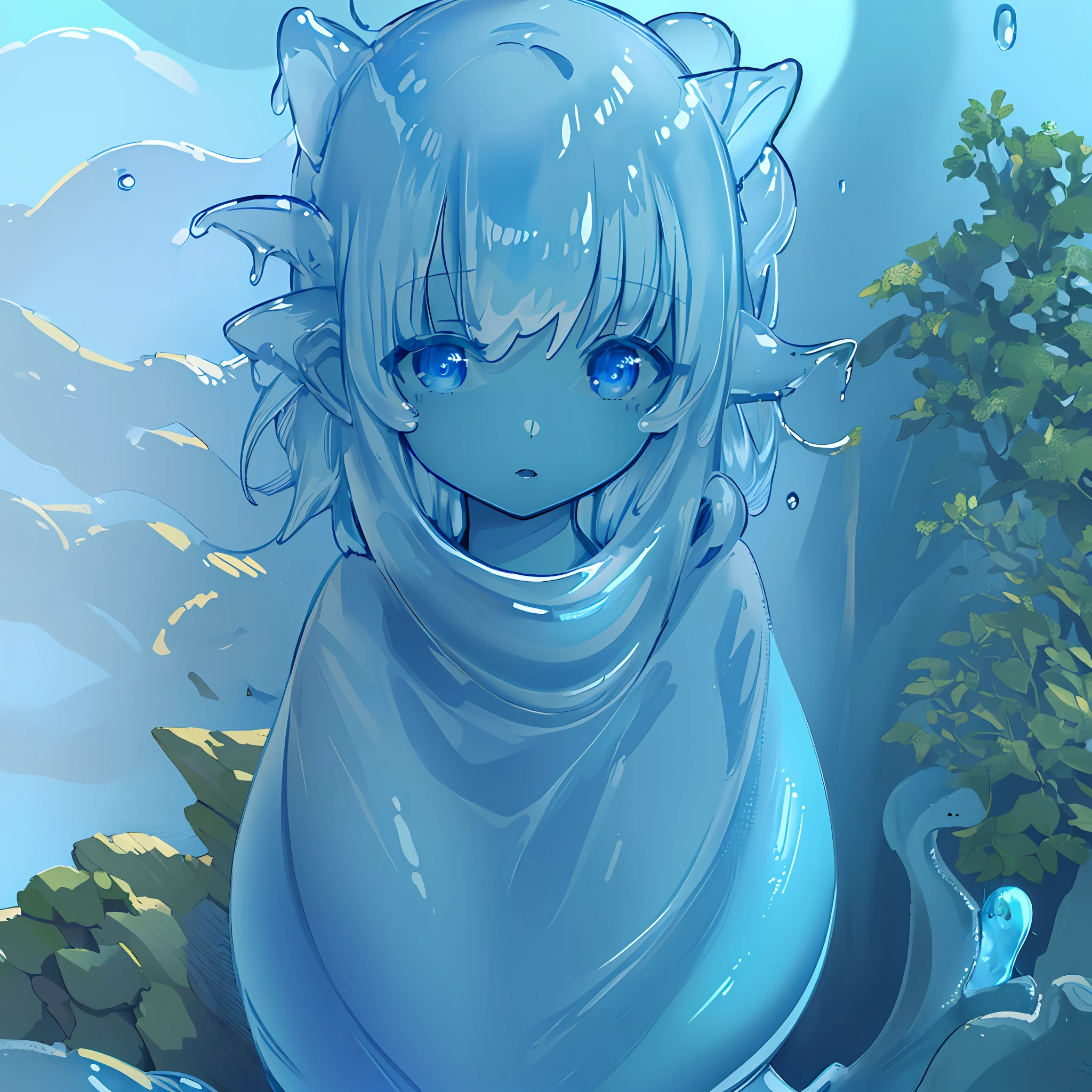 ((masterpiece)), ((illustration)), ((strong outlines)), perfect anatomy, 1girl, solo focus, fantasy (slime girl), slimy blue skin, forest, (8k), beautiful, perfect, high quality, high detail, digital drawing, cute, blue, pretty face, (((ultra detail)))