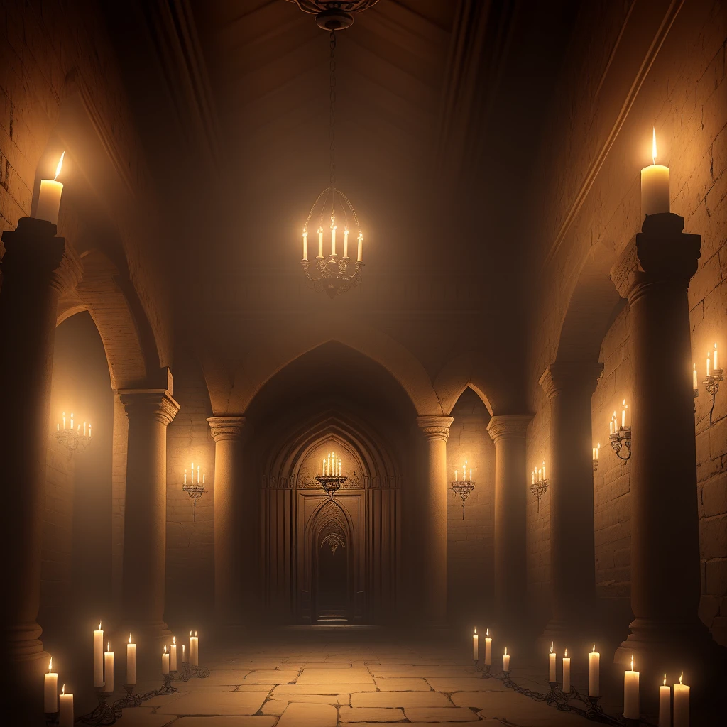 Underground temple, basement, gothic, dim, cobwebs, intricate, candles, illustration