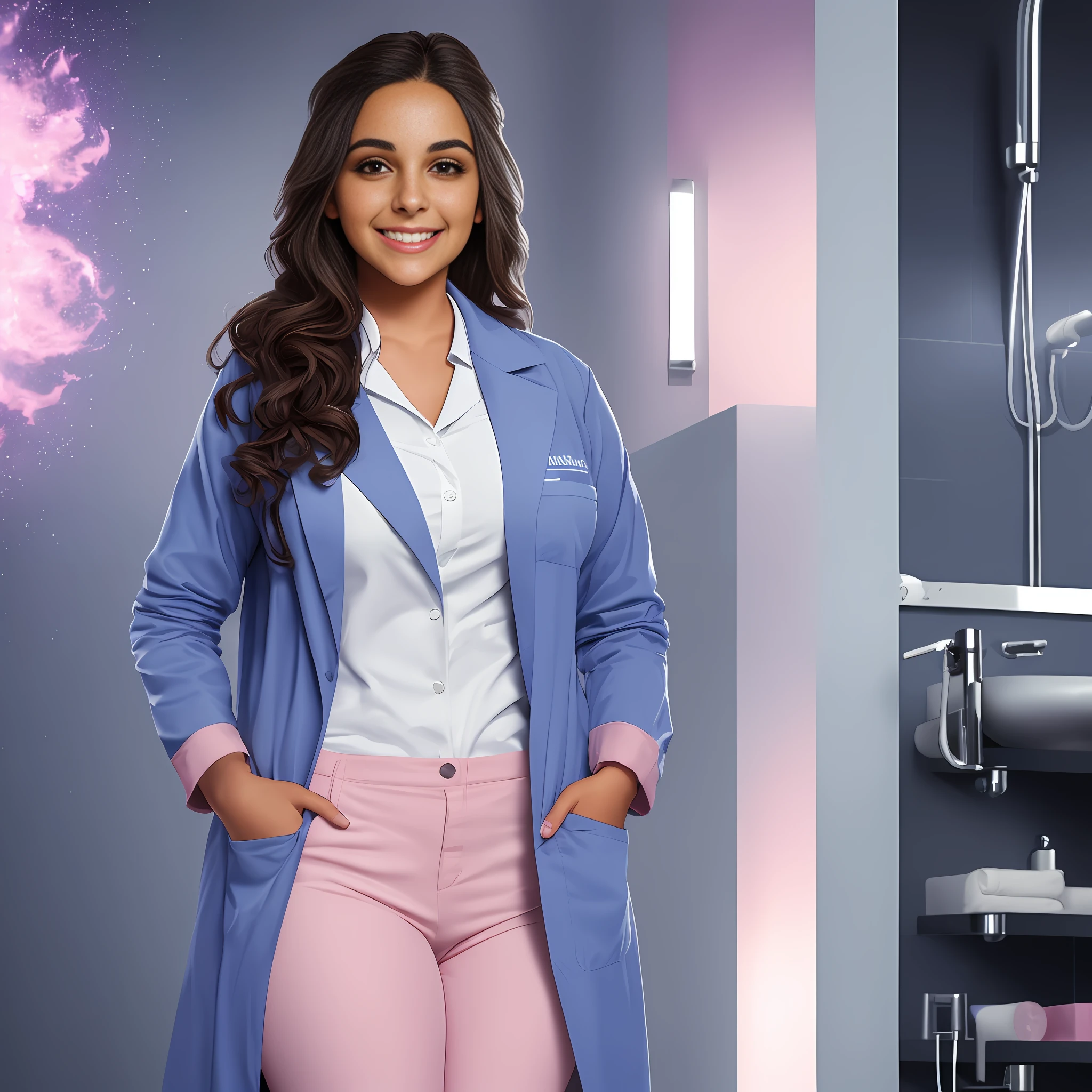 Young Latina ((ultra realistic:1.2)), smiling a lot in navy blue lab coat and light pink pants, in the bathroom extremely bright, (clouse-up), face close, dslr, 100 mm