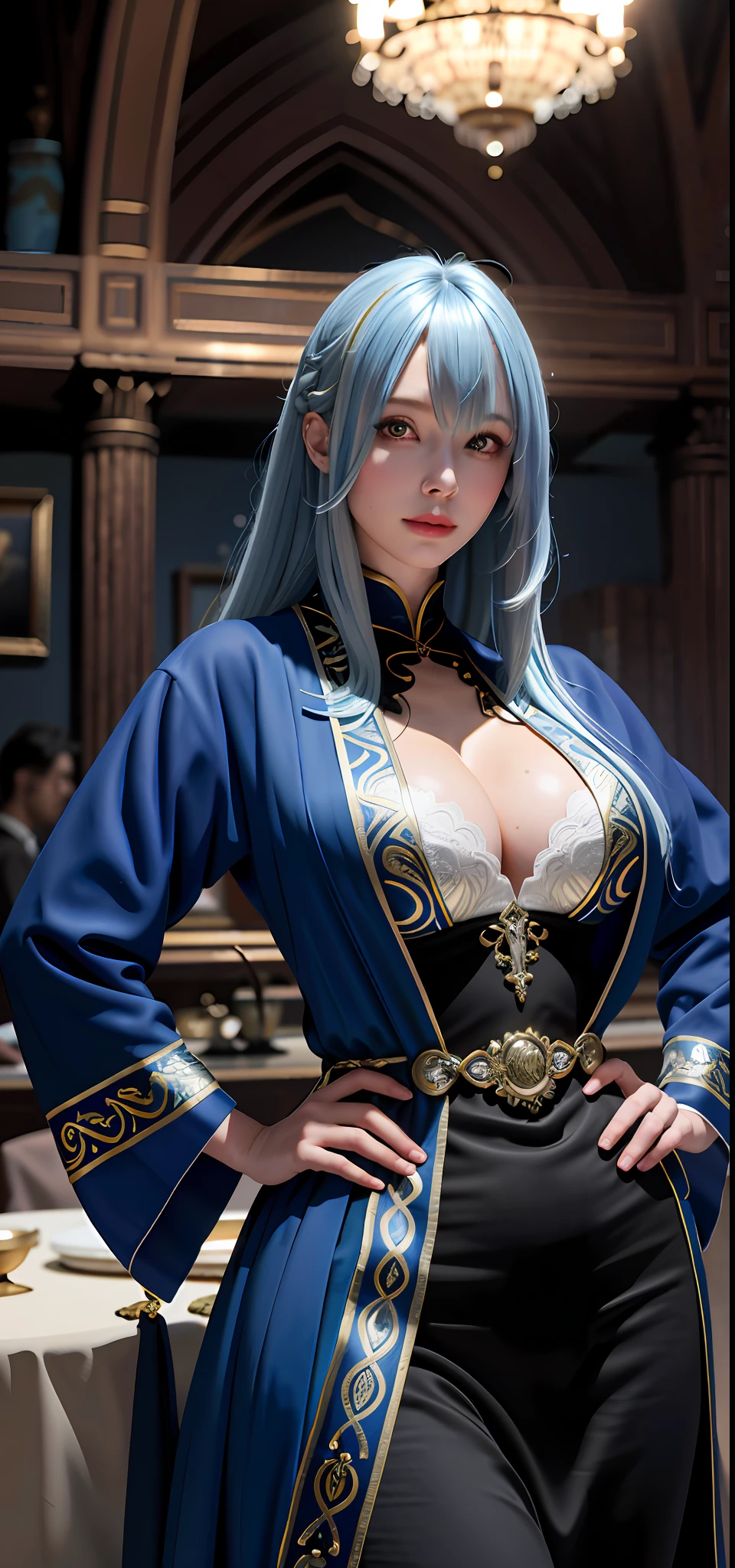 (photorealistic:1.2), (masterpiece:1.2),(best quality:1.2),(shiny skin),
(ultra-detailed:1.2), (high resolution:1.2),(cinematic lighting:1.1), (extremely detailed and beautiful:1.1),
1 girl, solo, straight-on,pov,
(standing:1.4),(Facing Viewer:1.2),(upper body:1.3),(huge breasts),perfect eyes, seductive eyes,smile,
(hands on hips:1.4),
(portrait of witch lady), red eyes,glowing eyes, eye focus,medium hair,blonde and blue hair, (hair over one eye,bangs:1.3),streaked hair,wavy hair,
ornate robe, dark medieval room indoors,fantasy,
PerfectNwsjMajic, perfect body, big ass, big boob