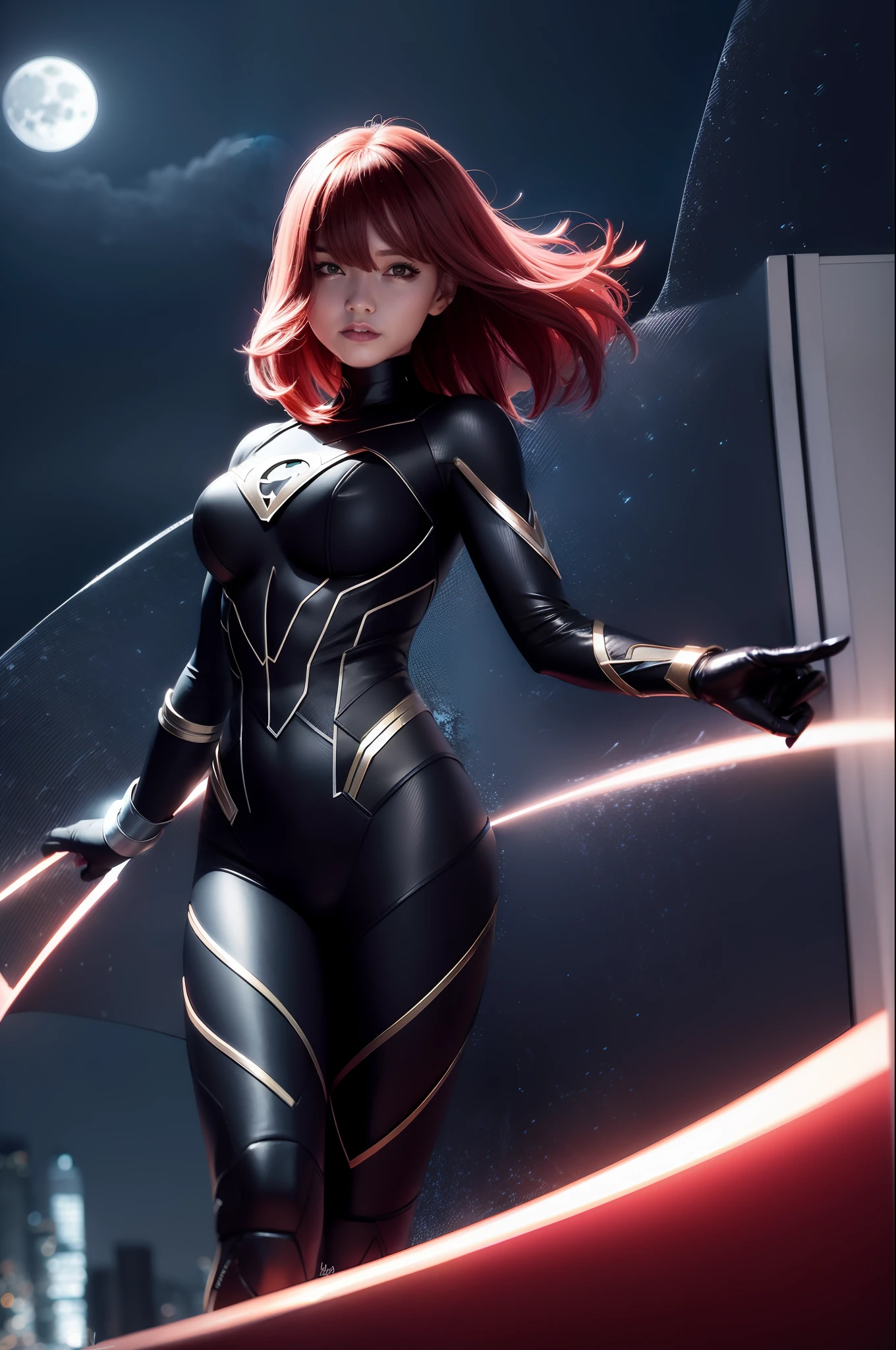 Superhero, woman, night, dark, moonlight, covered legs,