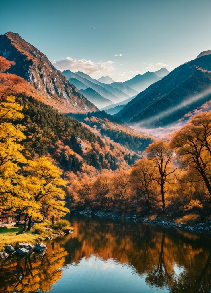 RAW photos of landscapes, small details, realistic, ultra-realistic photos, 8k ultra hd, DSLR, soft light, high quality, film grain, Fujifilm XT3, (masterpiece) a beautiful Chinese mountain and lake, Li Bai's autumn wind words, (masterpiece), (original photo), (very detailed CG unified 8k wallpaper) intricate, clear focus,