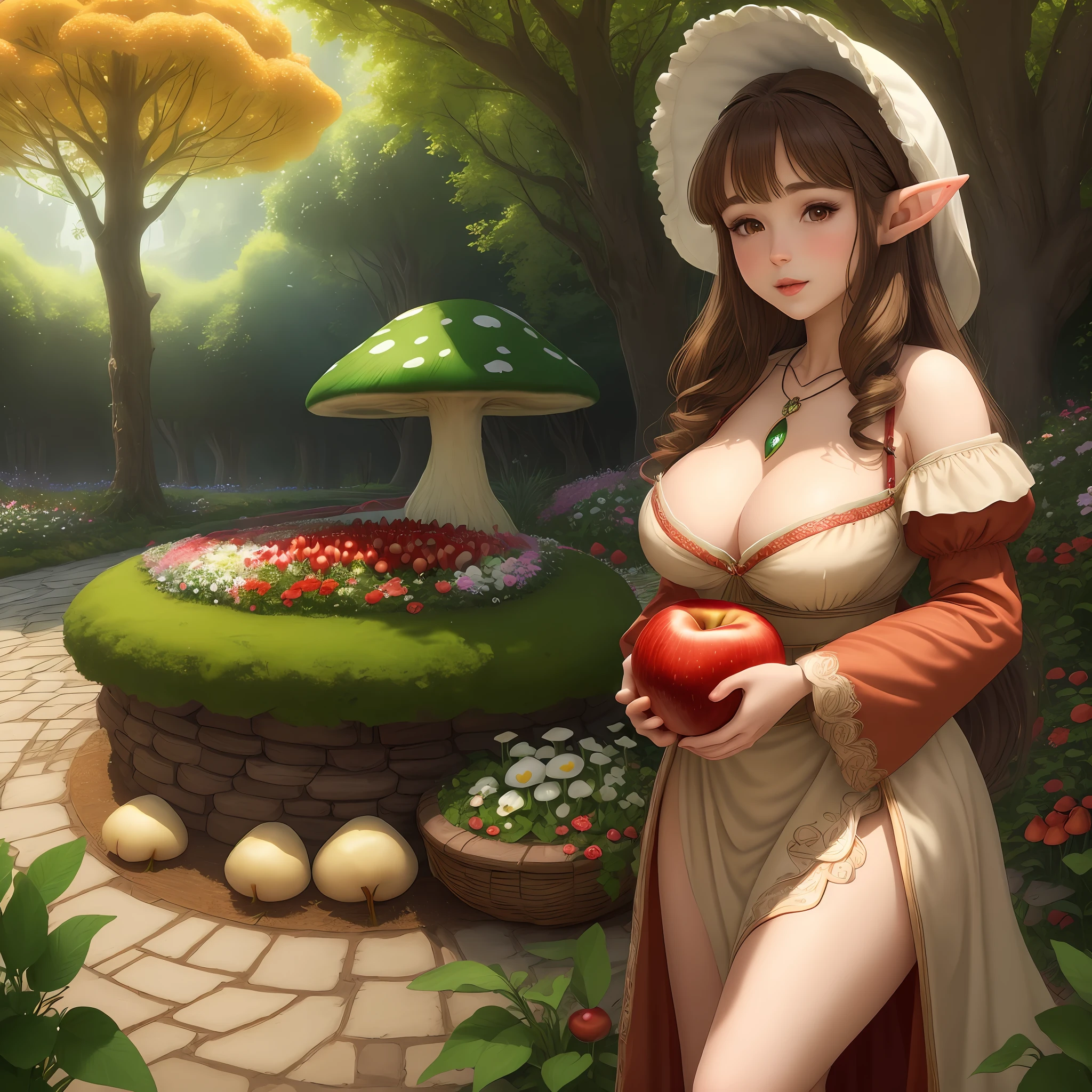 a brunette elf, with brunette elf ears, brown eyes, light brown hair, with large breasts, with a beautiful necklace around her neck, wearing a beautiful and fluffy dress, with a red bow on her head, with a curious look, perfect lips, detailed skin color, hands holding a large red apple, very detailed, looking like the apple is very tasty, scenery of a beautiful garden with flowers behind it, a giant mushroom, birds, flowers, trees, art v6 ultra HD - press soft vivid colors 8k 4k