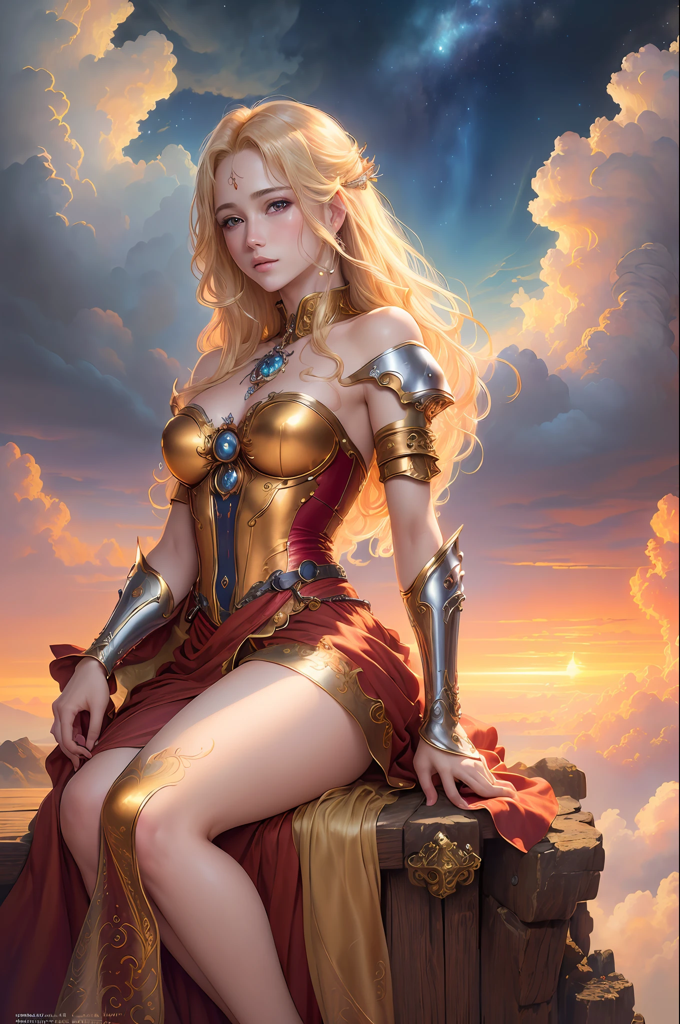 ((best quality)), ((masterpiece)), (detailed) blonde hair, ethereal beauty, (fantasy illustration: 1.3), charming look, captivating pose, fabulous and beautiful red shirt and golden suit, otherworldly charm, mystical sky, (Luis Royo:1.2), (Yoshitaka Amano:1.1), moonlit night, soft colors, (detailed clouds:1.3), (high resolution:1.2)