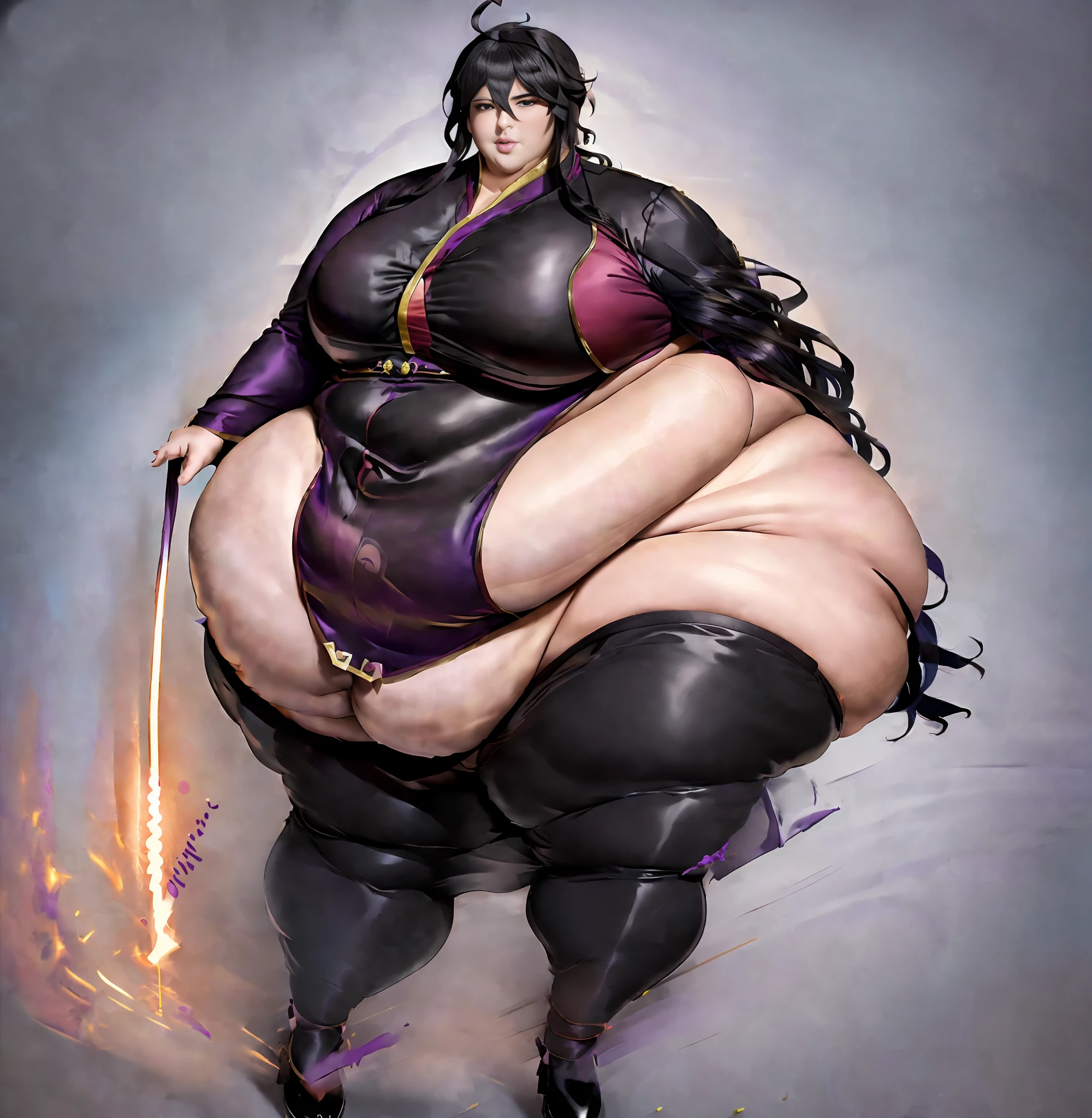 a anime drawing of a fat man with a whip in his  hand, thicc, full body portrait of , fullbody commission for, thicc build, commission for high res, thick black lineart, he , cel shaded!!!, oc commission, full body!, ((handsome)) mature man in a purple robe and black boots, slightly baggy pants, full body purple cloak((with Lotus motifs)), in dark purple robes, ((wearing Hanfu robe)), Black hair styled in a single bun with a purple ribbon around it, full body close-up shot Single Subject!!, background (( a Pier with Lotuses in the water)) . Morbily obese!! ( super large,Fat, round, belly)), ,(( large double wide hips)), ((large fat butt), (( large ,thick, fat thighs)) , Proportionally large and fat arms and Legs!!, large Fat breast, fat chubby cheeks, Fat face, multiple chins, , masterpiece!!, full body!! , Expression(angry, frowning) pose(cracking a Whip , legs Spread out ), Effects ( clothes ripping , Purple lightining)