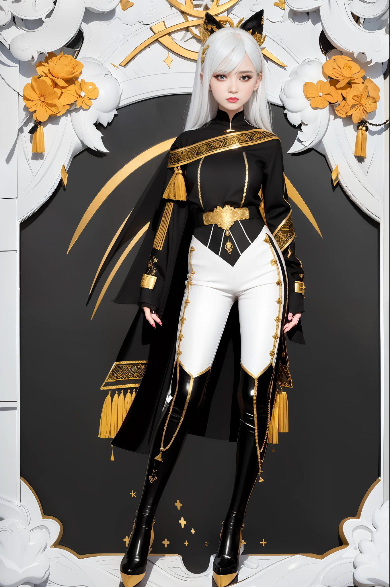 4k, realistic, charismatic, very detailed, there is a girl on the street, wearing black costume with golden details, wearing pants, street theme, shiny white hair, top, black top, 25 years, full body, smooth breast, small breast, flat breast