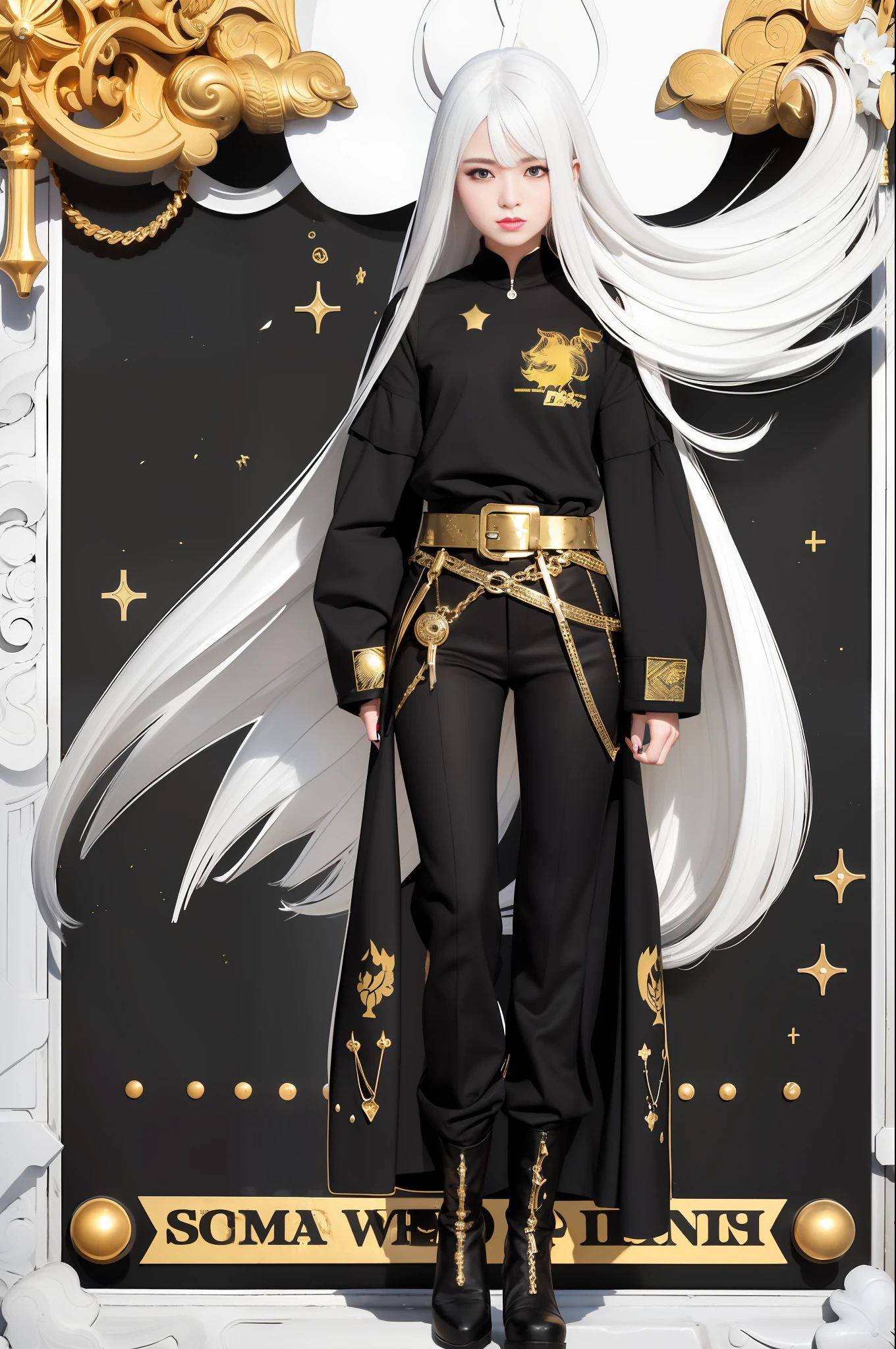 4k, realistic, charismatic, very detailed, girl on the street, wearing black costume with golden details, wearing pants, windy, wind background, shiny white hair, top, black top, 25 years, full body, smooth breast, small breast, flat breast