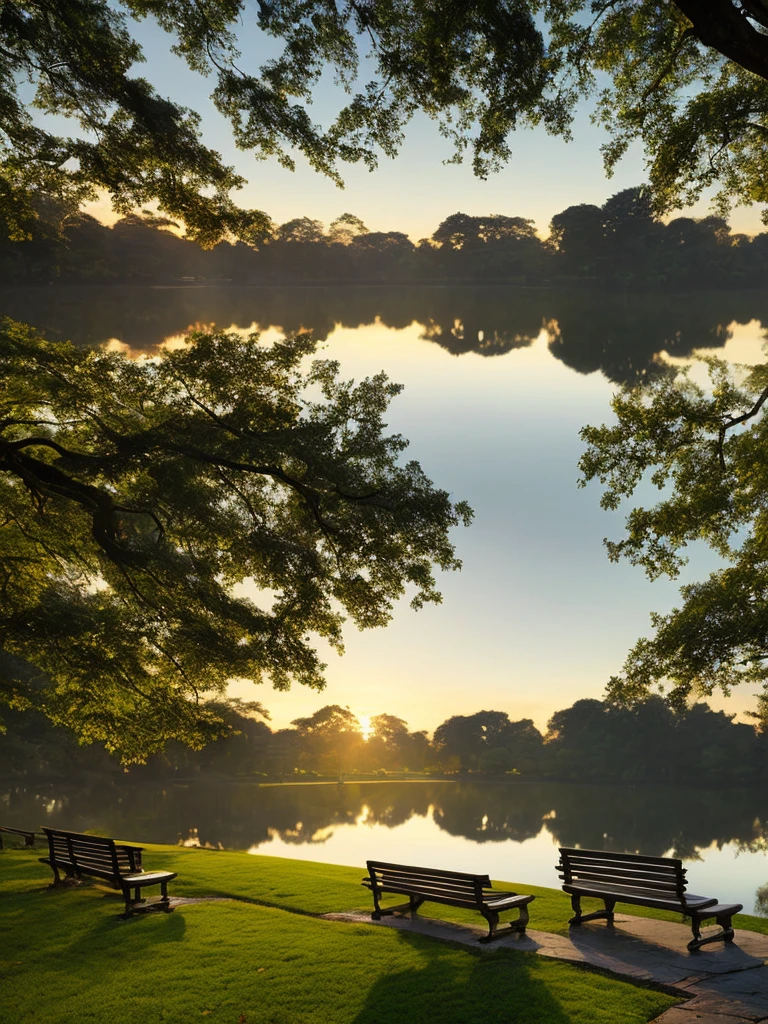 In this detailed and realistic artwork, we find ourselves in a serene park setting. A weathered wooden bench occupies the center of the composition, inviting us to sit and contemplate the tranquil surroundings. The park is adorned with lush trees, their branches gently swaying in the cool morning breeze.

As the sun rises on the horizon, its golden rays cast a warm glow across the landscape. The calm surface of the lake mirrors the beauty of the scene, reflecting the surrounding elements with subtle elegance. In the distance, a city emerges, contrasting with the peaceful ambiance of the park. The city's buildings create a striking silhouette against the vibrant sky, adding a touch of urban energy to the composition.

The attention to detail in this artwork is exceptional, capturing the texture of the wooden bench, the delicate foliage of the trees, and the shimmering reflection in the lake. The subtle presence of the cityscape adds depth and contrast to the overall scene.

With a touch of Alex Ross's artistic style, this piece combines realism and tranquility, offering a captivating and immersive experience. The intricate details, realistic rendering, and high resolution (8K) make this artwork a true masterpiece.

Eye level, scenic, masterpiece.