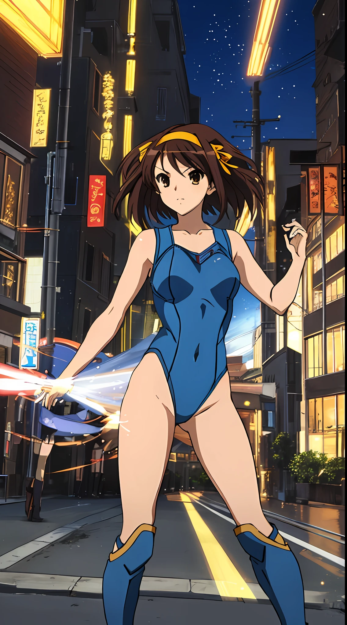 masterpiece, best quality, highres, 1girl, solo, superhero, leotard, blue and white leotard, bare legs, brown hair, short hair, brown eyes, hairband, medium hair, ribbon, boots, matching boots, blue boots, medium breasts, cowboy shot, standing, city backdrop, haruhi suzumiya, kyoani haruhi style, sleeveless, tornado spin, spin, twirl, wind particles, light particles,