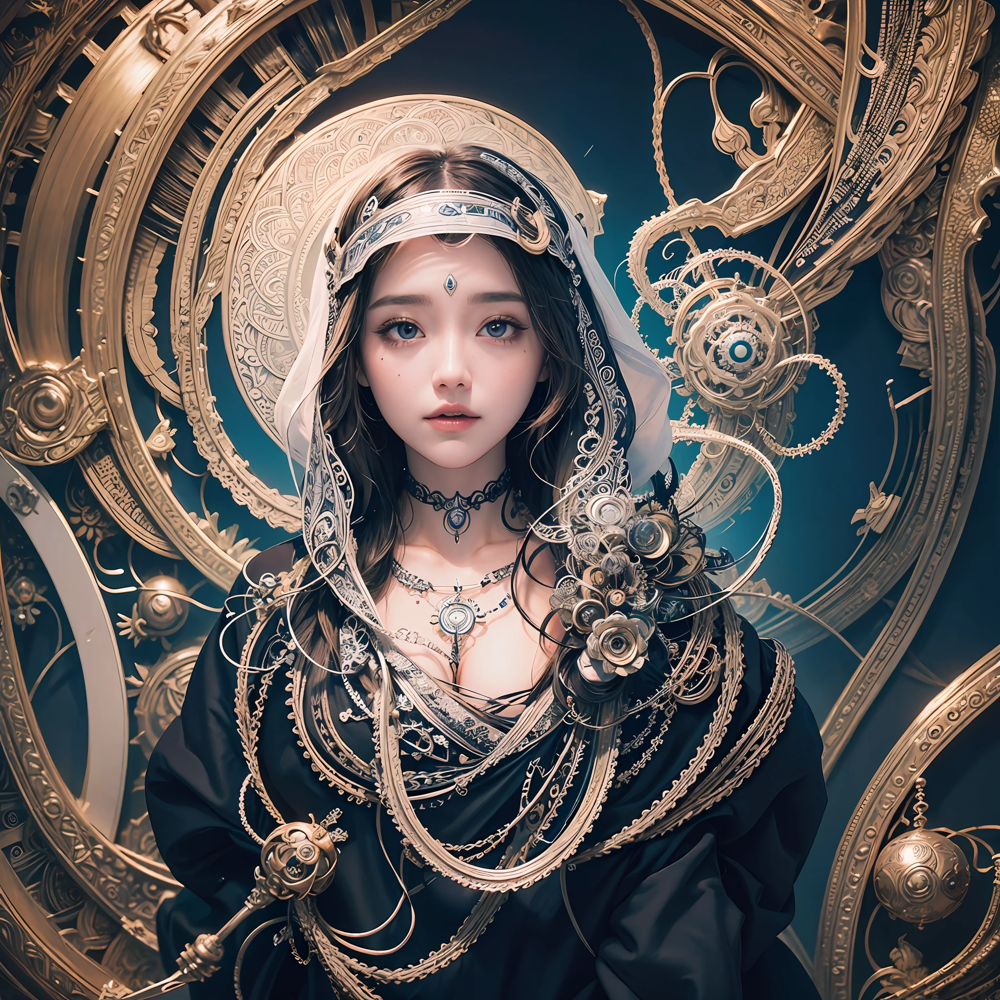 official art, unity 8k wallpaper, ultra detailed, beautiful and aesthetic, beautiful, masterpiece, best quality, (zentangle, mandala, tangle, entangle), beautiful cyborg nun woman