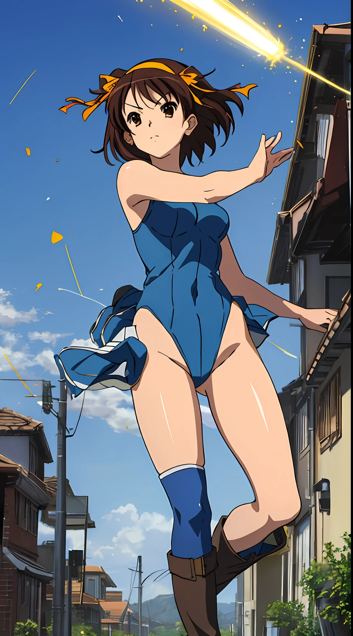 masterpiece, best quality, highres, 1girl, solo, superhero, leotard, blue and white leotard, bare legs, brown hair, short hair, brown eyes, hairband, medium hair, ribbon, boots, matching boots, blue boots, medium breasts, cowboy shot, standing, city backdrop, haruhi suzumiya, kyoani haruhi style, sleeveless, tornado spin, spin, twirl, wind particles, light particles,