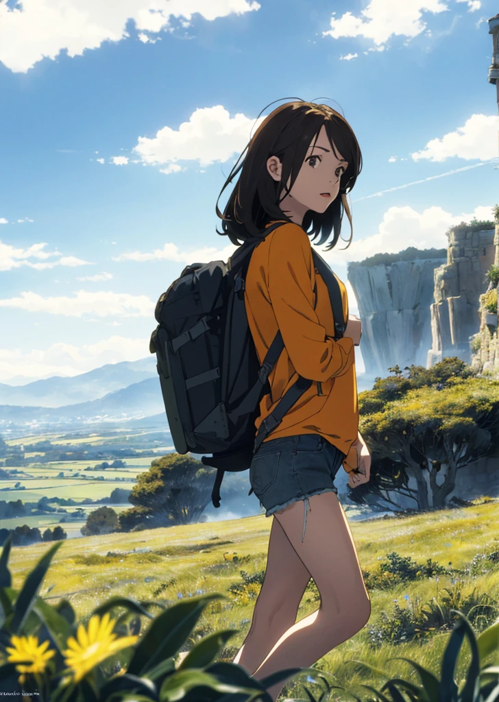 (beautiful and magnificent skyline, majestic sky), (extremely tense and dramatic pictures, moving visual effects), (high hanging Polaris, colorful natural light), (1girl), (long-sleeved top, denim shorts, carrying a backpack), (dynamic pose:1.3, black eyes, black hime-cut hair, sparkling girl)[:0.8], (large grassland), (oncoming breeze), (brown hair and background Coordination effect: 1.2), (close shot, long shot mix and match)[::0.9]