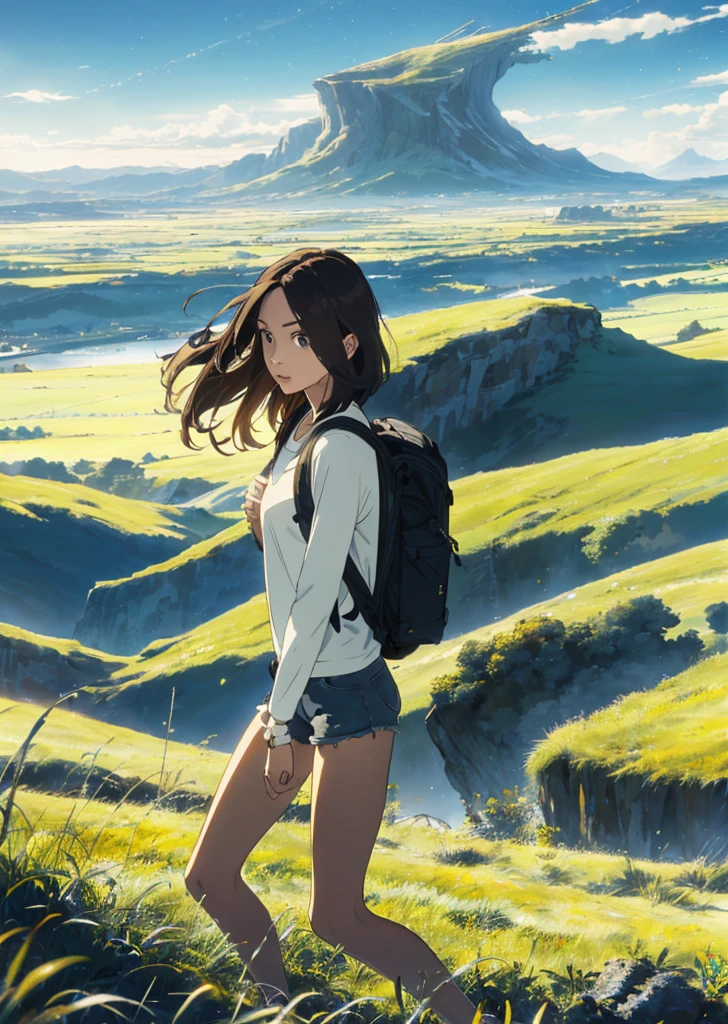 (beautiful and magnificent skyline, majestic sky), (extremely tense and dramatic pictures, moving visual effects), (high hanging Polaris, colorful natural light), (1girl), (long-sleeved top, denim shorts, carrying a backpack), (dynamic pose:1.3, black eyes, black hime-cut hair, sparkling girl)[:0.8], (large grassland), (oncoming breeze), (brown hair and background Coordination effect: 1.2), (close shot, long shot mix and match)[::0.9]