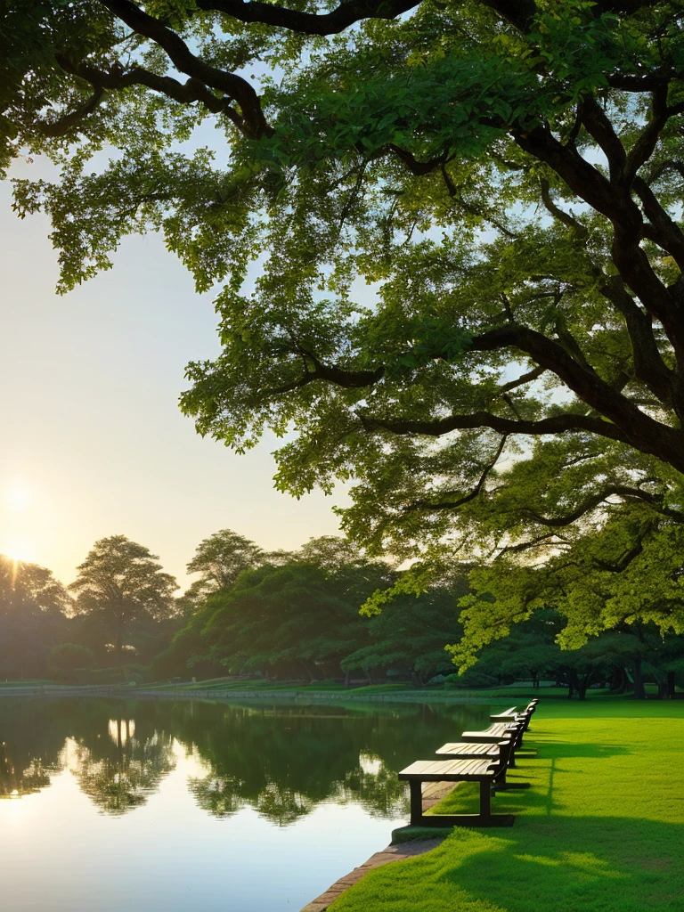 In this detailed and realistic artwork, we find ourselves in a serene park setting. A weathered wooden bench occupies the center of the composition, inviting us to sit and contemplate the tranquil surroundings. The park is adorned with lush trees, their branches gently swaying in the cool morning breeze.

As the sun rises on the horizon, its golden rays cast a warm glow across the landscape. The calm surface of the lake mirrors the beauty of the scene, reflecting the surrounding elements with subtle elegance. In the distance, a city emerges, contrasting with the peaceful ambiance of the park. The city's buildings create a striking silhouette against the vibrant sky, adding a touch of urban energy to the composition.

The attention to detail in this artwork is exceptional, capturing the texture of the wooden bench, the delicate foliage of the trees, and the shimmering reflection in the lake. The subtle presence of the cityscape adds depth and contrast to the overall scene.

With a touch of Alex Ross's artistic style, this piece combines realism and tranquility, offering a captivating and immersive experience. The intricate details, realistic rendering, and high resolution (8K) make this artwork a true masterpiece.

Eye level, scenic, masterpiece.