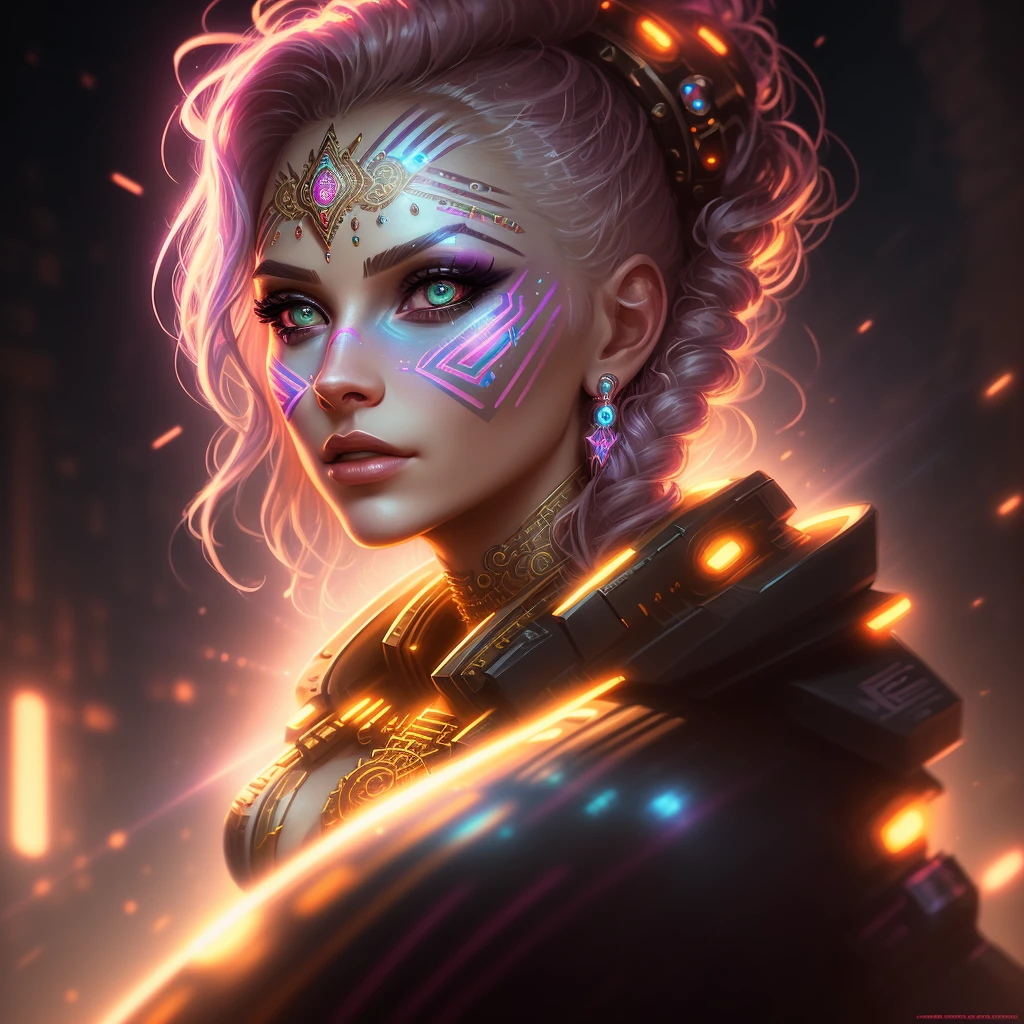 (swpunk style:1) synthwave portrait of a woman as a beautiful goddess, light rays, light bands, lightgeo, beautiful intricate filegrid facepaint, intricate, elegant, highly detailed, digital painting, concept art