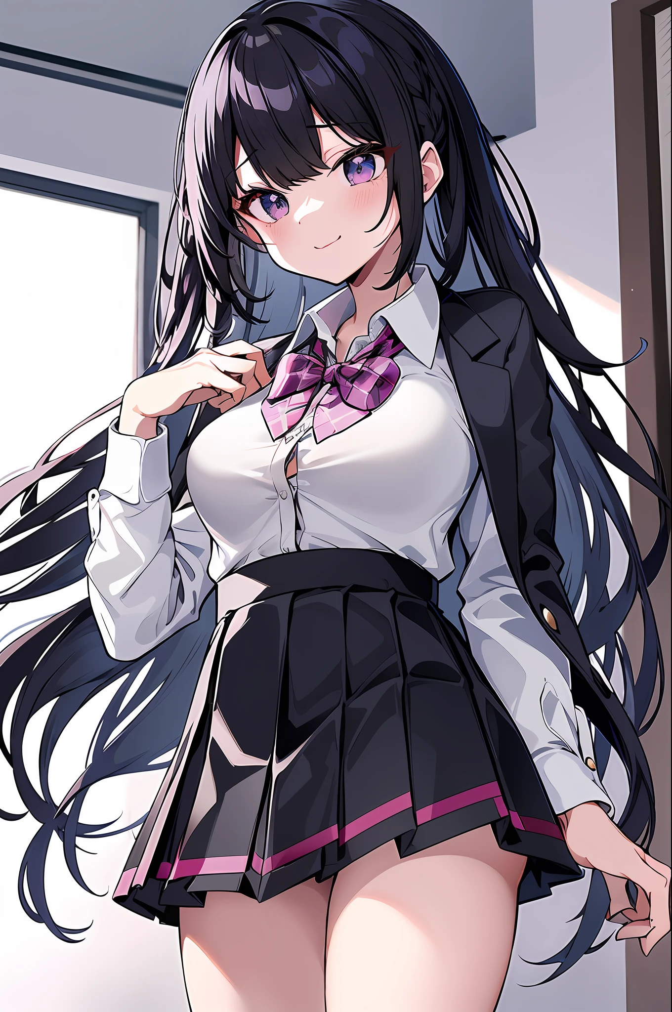 Tsukino Mito, long hair, virtual YouTuber, skirt, thighs, black hair, jacket, bow, blazer, black jacket, hair clip, hair accessories, white thighs, bangs, braid, pleated skirt, pink bow, school uniform, bow tie, very long hair, long sleeves, shirt, collared shirt, white shirt, blue eyes, pink bow tie, plaid skirt, checker, black skirt, mini skirt, on bed,, ((Shirt on top:1.5)), (cropped:1.5), (sexy:1.5))
