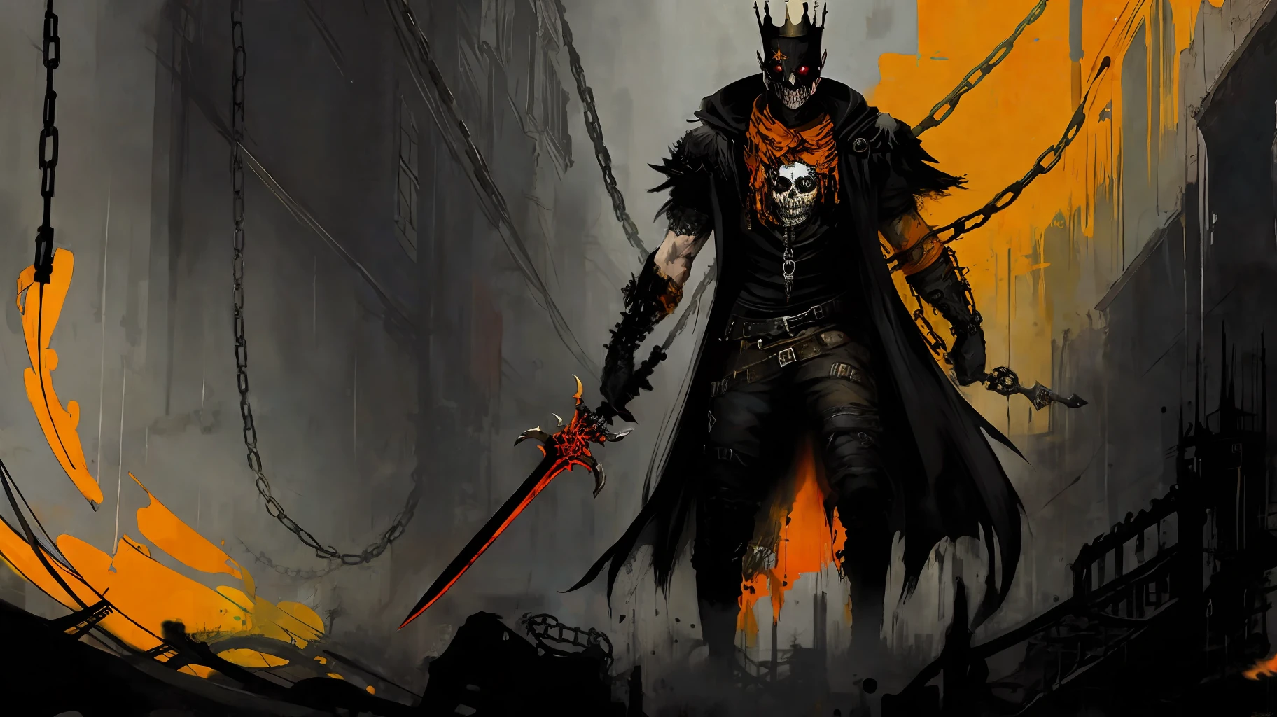 Ultra detailed illustration of a dark being in the depths of a castle's prison, with a black cloak, skull face, wearing a broken rusty crown, wielding a bright red sword, and chains on his arms, (upper body), prison with chains on the walls, (inspired by the game darker dungeon and elden ring), Perfection, Cartoon vector, complementary colors black and orange and gold and blue and white, ((Jeremy mann mixed with Giovanni Boldini)), soft lighting, dimly lit morbid environment.