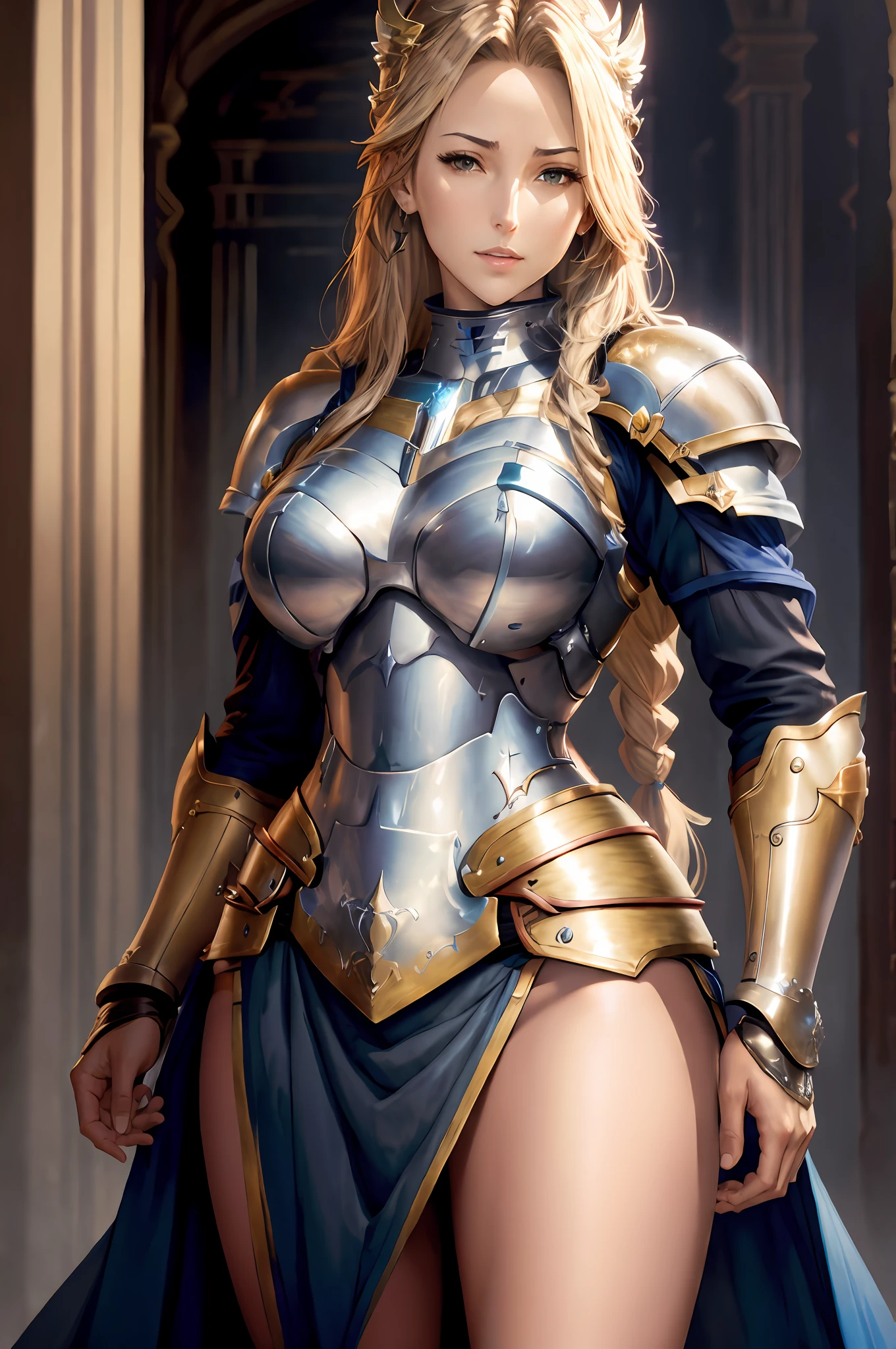 masterpiece, best quality, highres, katalina (granblue fantasy), armor, gauntlets, belt, breastplate, shoulder armor, cape, pauldrons, pants, boots, forest,