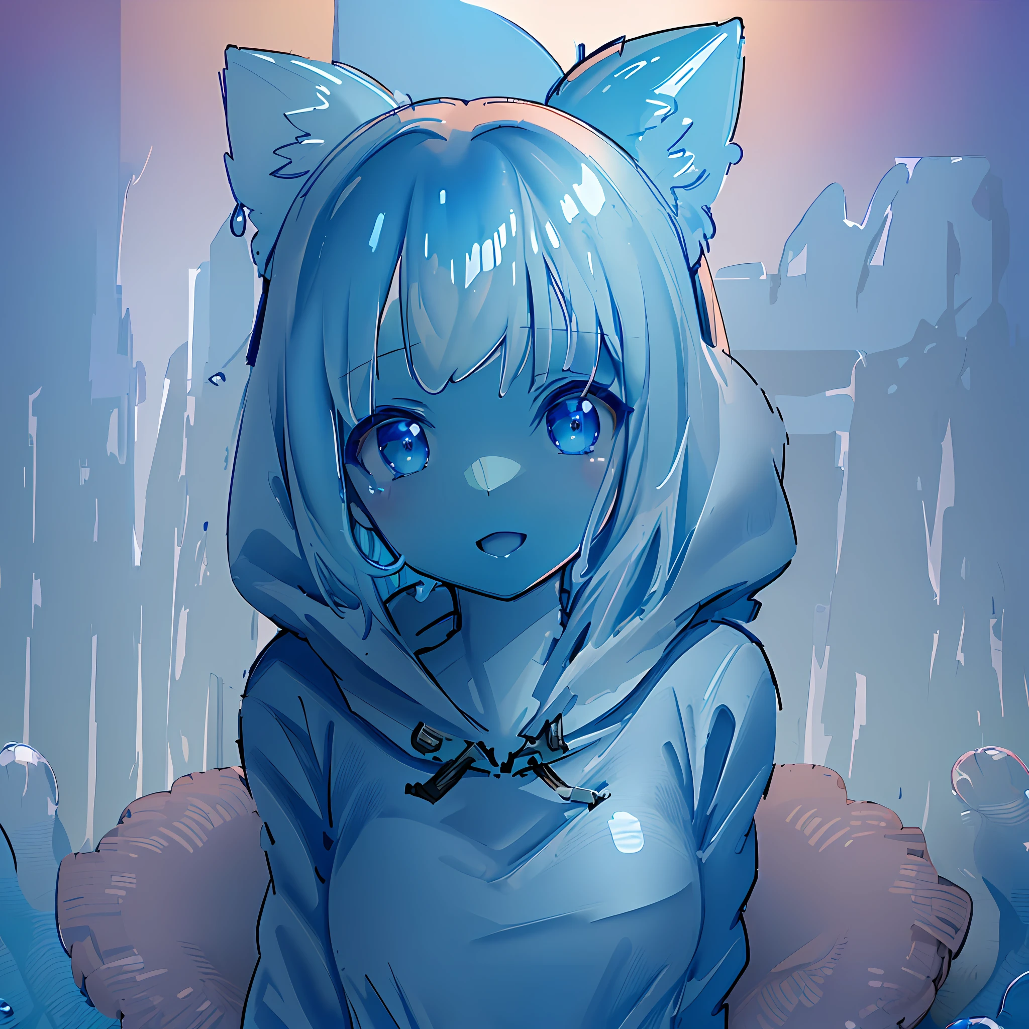 ((masterpiece)), ((illustration)), ((strong outlines)), portrait, perfect anatomy, 1girl, solo focus, fantasy (slime girl), slimy blue skin, forest, (8k), beautiful, perfect, high quality, high detail, digital drawing, cute, blue, pretty face, (((ultra detail))), wearing a black hoodie, oversized hoodie