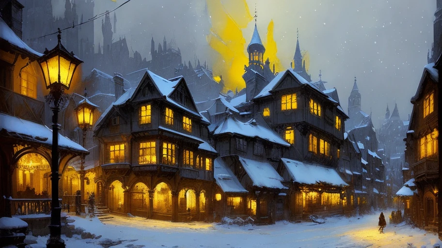 Ultra detailed illustration of a small medieval town on a winter night, enchanted world, Perfection, Cartoonish vector, complementary colors black and orange and gold and blue and white, ((Jeremy mann mixed with Giovanni Boldini)), soft lighting, stunning ambience.