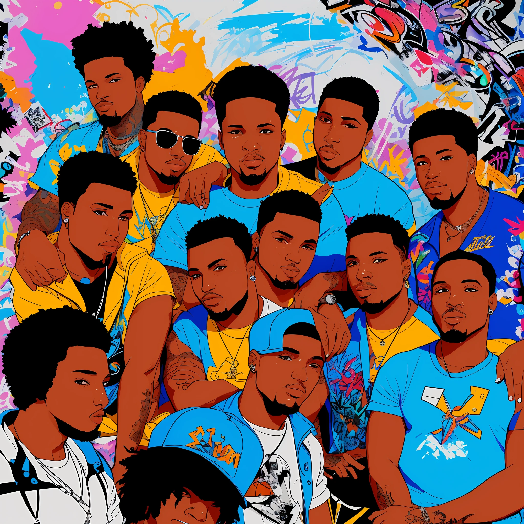 illustration, A street artist creating a graffiti mural of an R&B group, t-shirt design, no NSFW.
