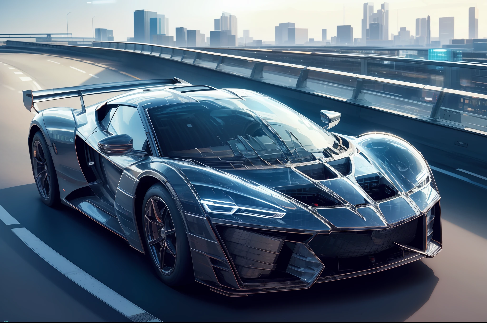 masterpiece,car, ground_vehicle ,  vehicle_focus,  sports car, highway, light trail, glasstech ,   scifi,   chromatic aberration, city lights,  illustration,