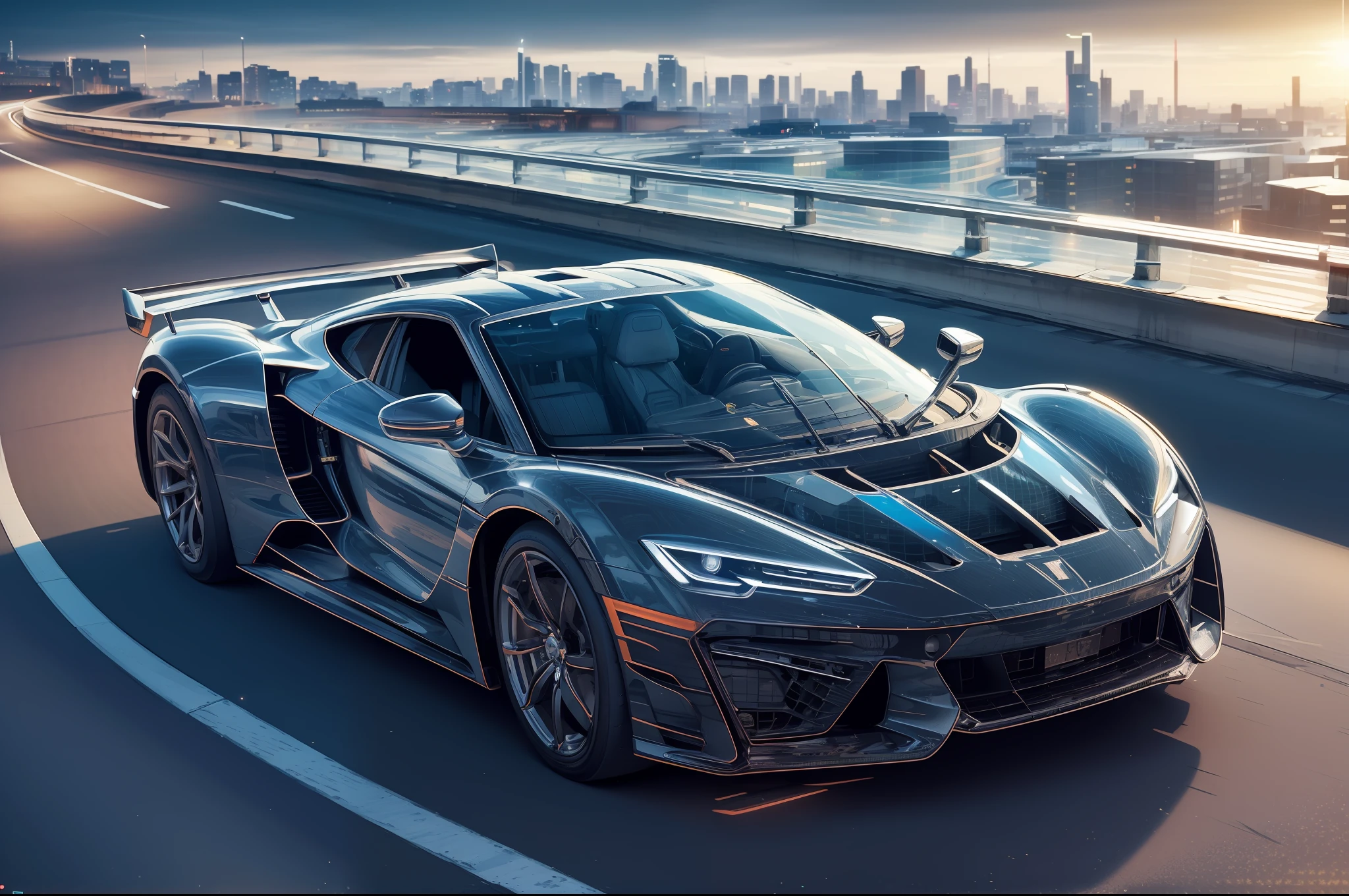 masterpiece,car, ground_vehicle , vehicle_focus, sports car, highway, light trail, glasstech , scifi, chromatic aberration, city lights, illustration,