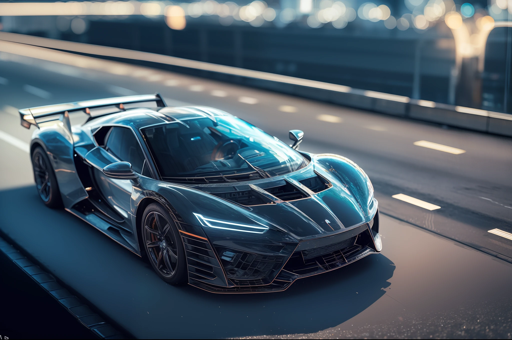masterpiece,car, ground_vehicle ,  vehicle_focus,  sports car, highway, light trail, glasstech ,   scifi,   chromatic aberration, city lights,  illustration,