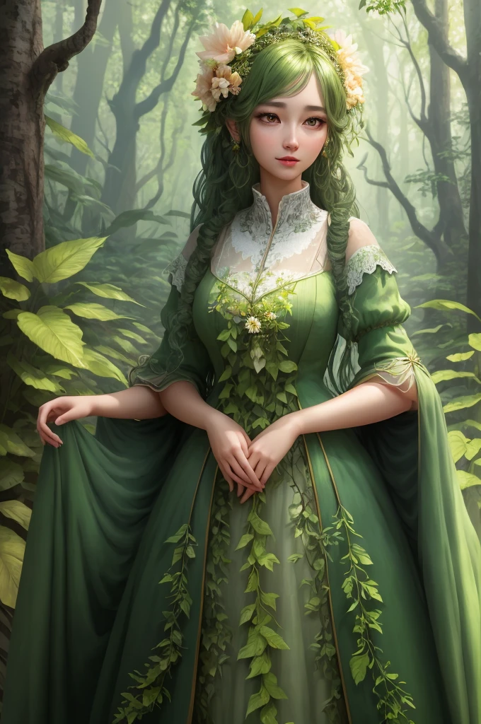 A plant anthropomorphic (female, pretty face) in the forest, noble dress, side light, (extremely detailed CG unified 8k wallpaper), highly detailed, masterpiece,Depth of field, GIF, (HDR)(wallpaper) (Film lighting)(Sharp focus), (extremely detailed CG unit...