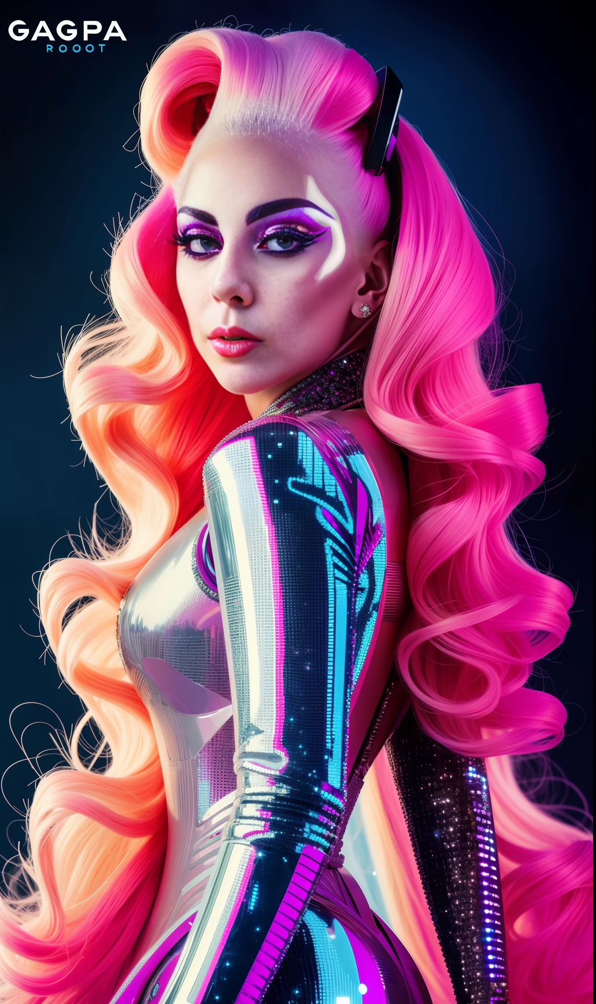Lady gaga robot photo, 4K texture, long hair, high quality, extravagant hairstyle, original album cover, colorful dress with diamonds, 8k image, futuristic, high image quality, at night, hair accessories, very face realistic and defined