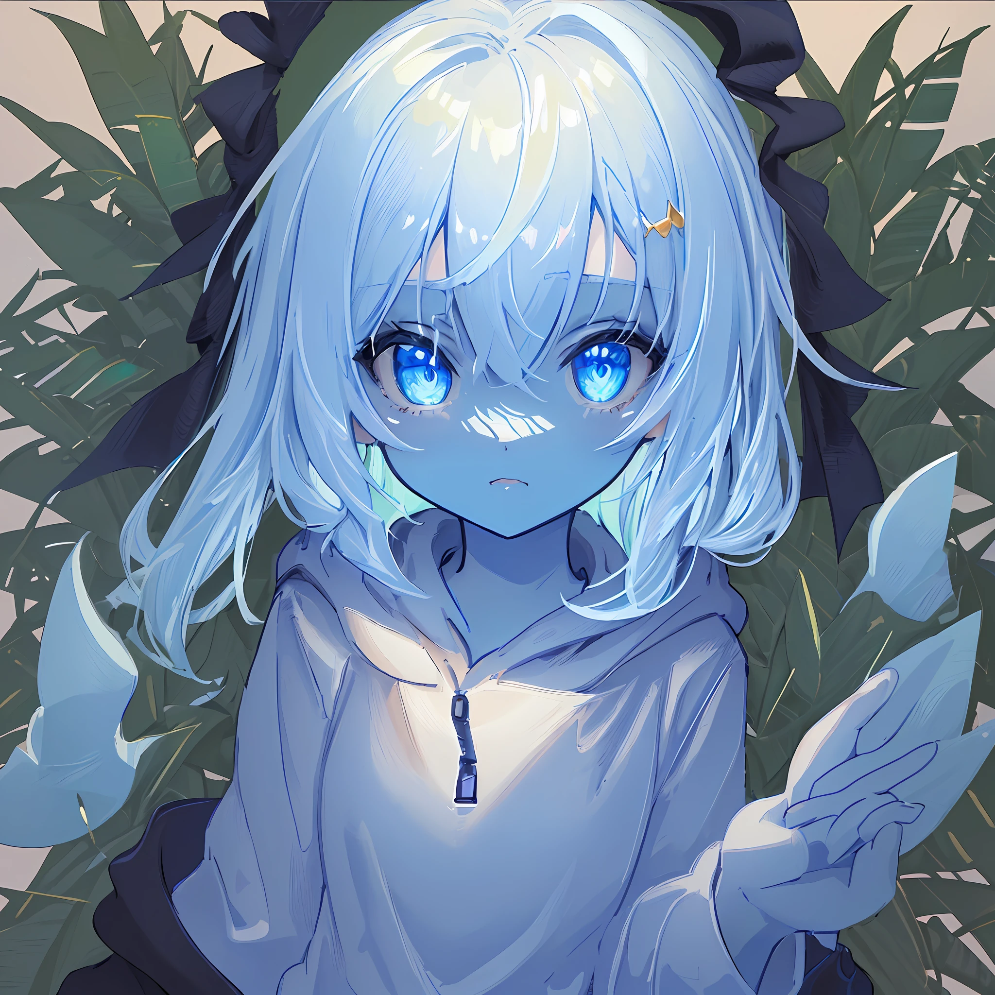 ((masterpiece)), ((illustration)), ((strong outlines)), portrait, perfect anatomy, 1girl, solo focus, fantasy (slime girl), slimy blue skin, forest, (8k), beautiful, perfect, high quality, high detail, digital drawing, cute, blue, pretty face, (((ultra detail))), wearing a black hoodie, oversized hoodie, black hoodie, light reflection