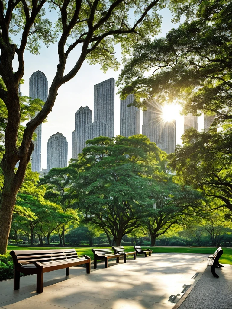 In this artwork by Alex Ross, we find ourselves in a vibrant city park. The focal point of the composition is a charming wooden bench, situated in the center of a well-manicured square. The bench's weathered appearance gives it a sense of history and character.

The park is adorned with various elements that bring it to life. A tranquil lake stretches out in the distance, its calm surface reflecting the warm hues of the rising sun. Lush green trees surround the area, providing shade and adding a touch of serenity to the scene.

As our gaze extends beyond the park, we catch a glimpse of the city skyline. Tall buildings rise majestically into the sky, their sleek and modern architecture contrasting against the natural elements of the park. The sunlight illuminates the cityscape, creating a stunning visual interplay between light and shadow.

Alex Ross's distinctive artistic style shines through in this piece, capturing the intricate details of the wooden bench, the play of light on the lake's surface, and the grandeur of the city skyline. The composition exudes a sense of tranquility, with the warmth of the sunrise casting a serene ambiance over the entire scene.