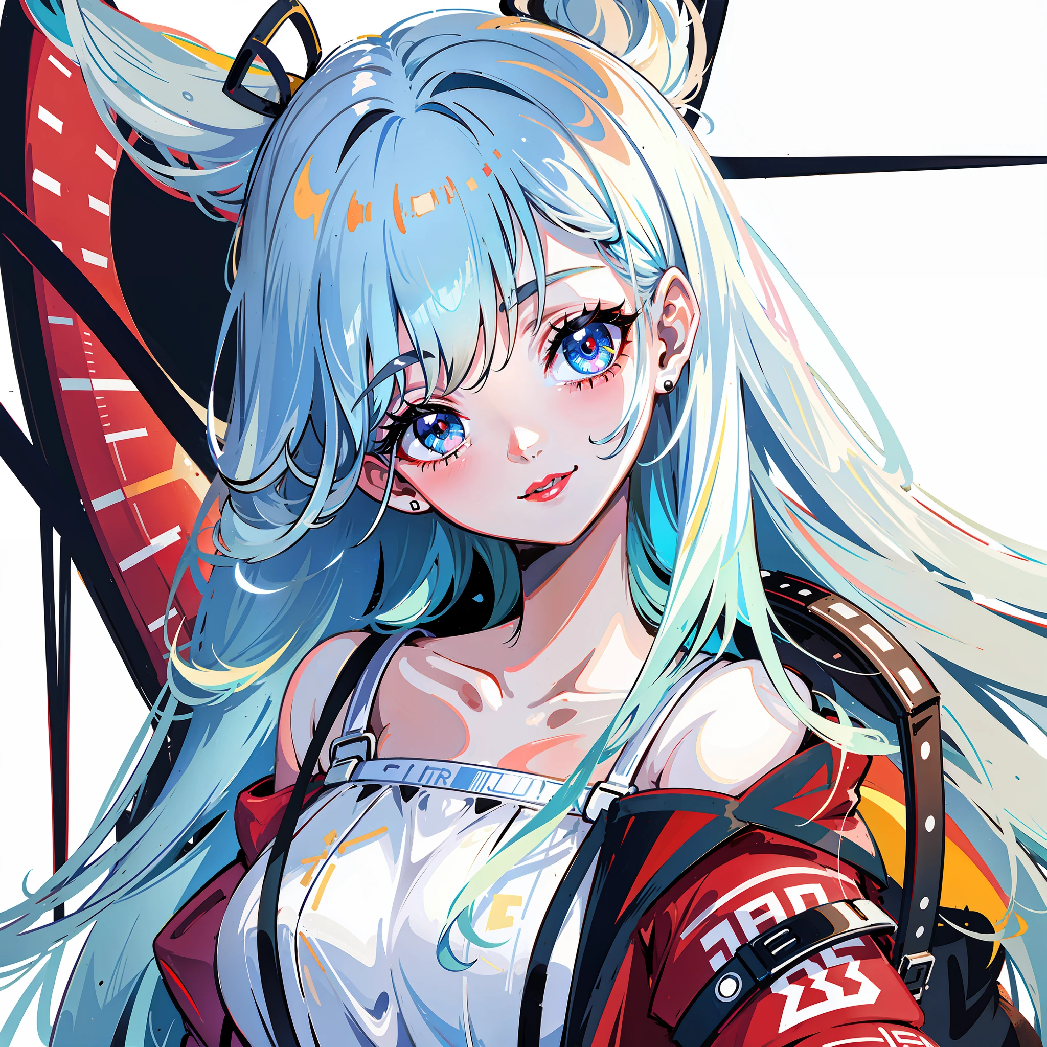 White background, distributed details, people in front of white background, smile, lipstick, childish drawing style,