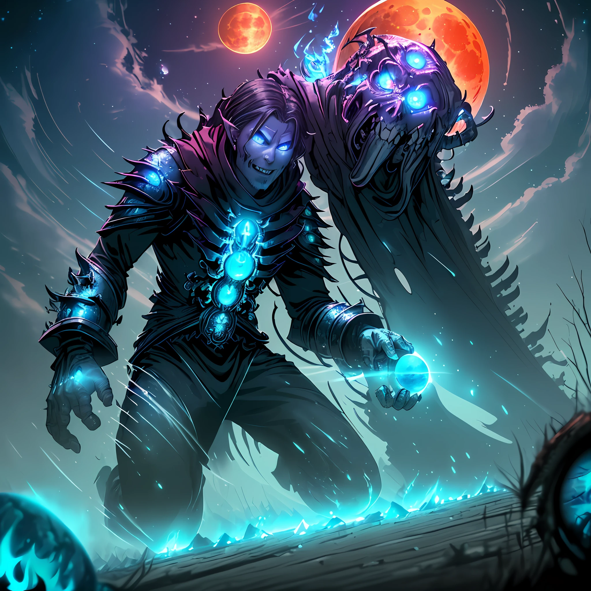 (((A living human dread necromancer with a tomb-tainted soul standing on the necks of 2 zombie henchmen kneeling on the ground in the foreground performing an exuberant flourish:unholy blue fire)))=1.6, dark fantasy, dark atmosphere, ((battlefield stacked with bodies))=1.4, ((night)), moon, glowing butterflies, volumetric lighting, best quality, masterpiece, intricate details, tonemapping, sharp focus, very detailed, trending on Artstation, realistic, trending in artstation 4k, 8k, cinematic lighting, (((Full blood moon vibrantly lighting the scene))), (((fish eye lens))), ((colorful)), (sadistic expression:joy)=1.2, (((unholy blue flame aura))), (evil snowflakes falling in background), ((bioluminescent eyes:unholy blue flames, ((age 27 male))