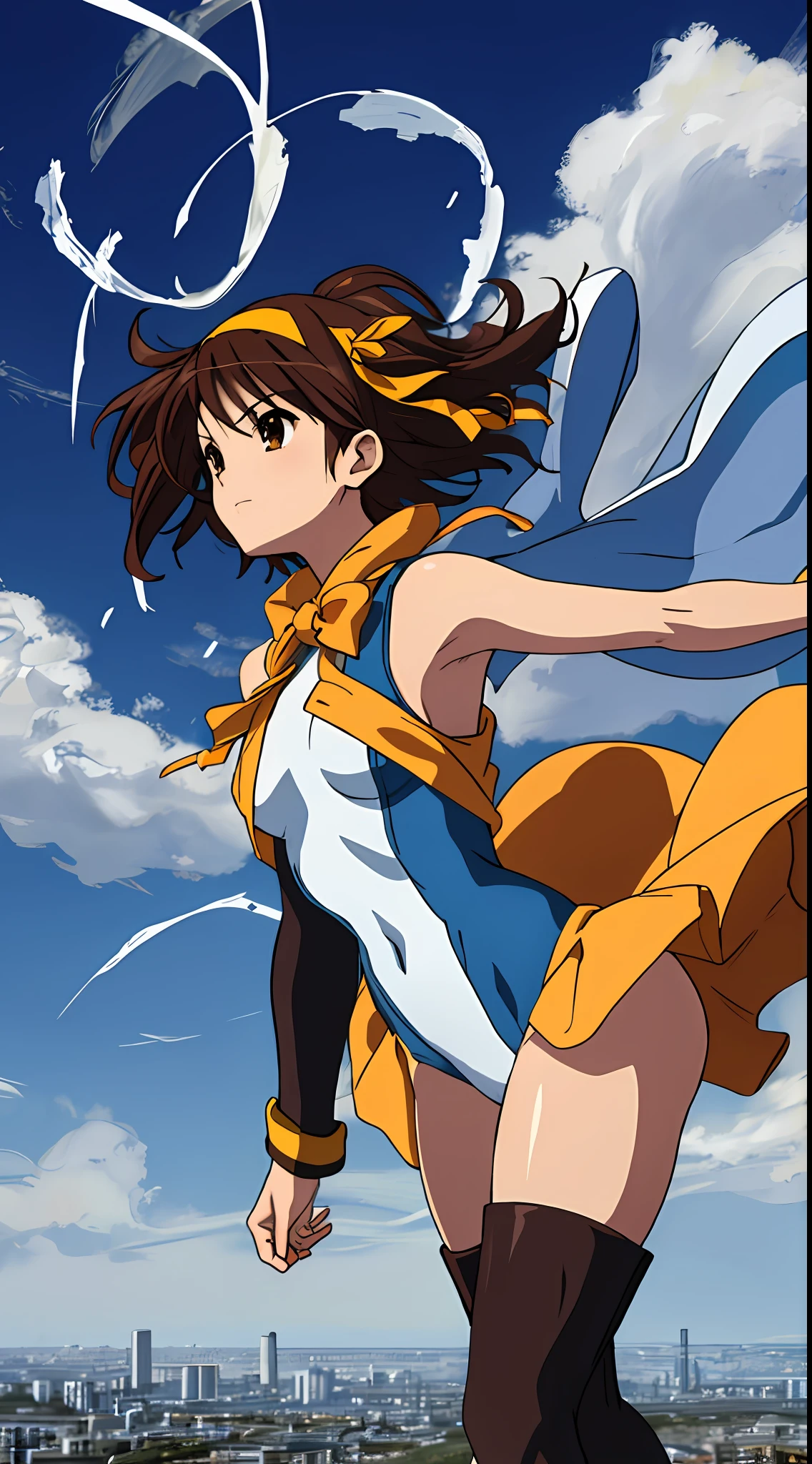 masterpiece, best quality, highres, 1girl, solo, superhero, leotard, blue and white leotard, bare legs, brown hair, short hair, brown eyes, hairband, medium hair, ribbon, boots, matching boots, blue boots, medium breasts, cowboy shot, standing, city backdrop, haruhi suzumiya, kyoani haruhi style, sleeveless, tornado spin, spin, twirl, wind particles, light particles, swirls, tornado swirls,