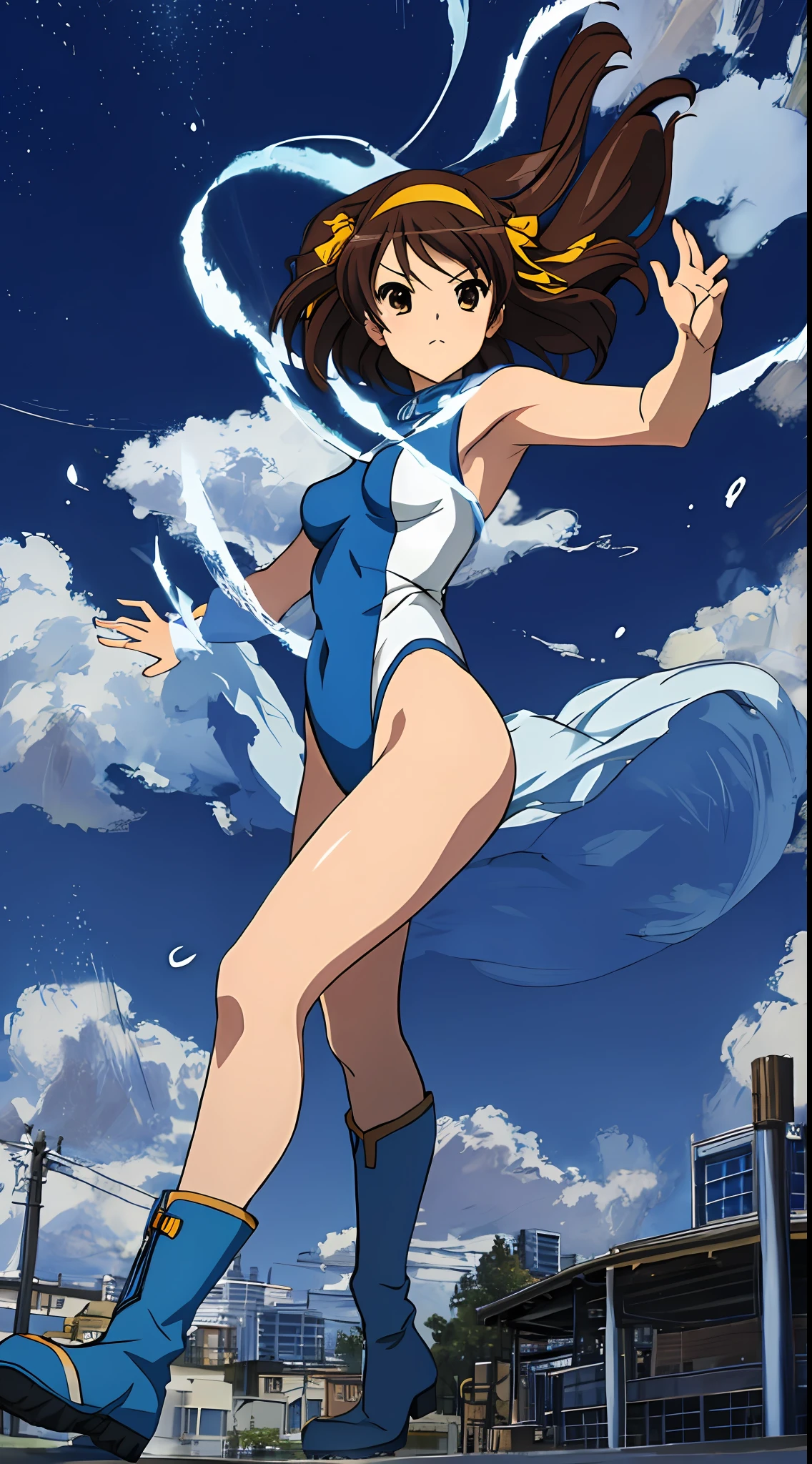 masterpiece, best quality, highres, 1girl, solo, superhero, leotard, blue and white leotard, bare legs, brown hair, short hair, brown eyes, hairband, medium hair, ribbon, boots, matching boots, blue boots, medium breasts, cowboy shot, standing, city backdrop, haruhi suzumiya, kyoani haruhi style, sleeveless, tornado spin, spin, twirl, wind particles, light particles, swirls, tornado swirls,