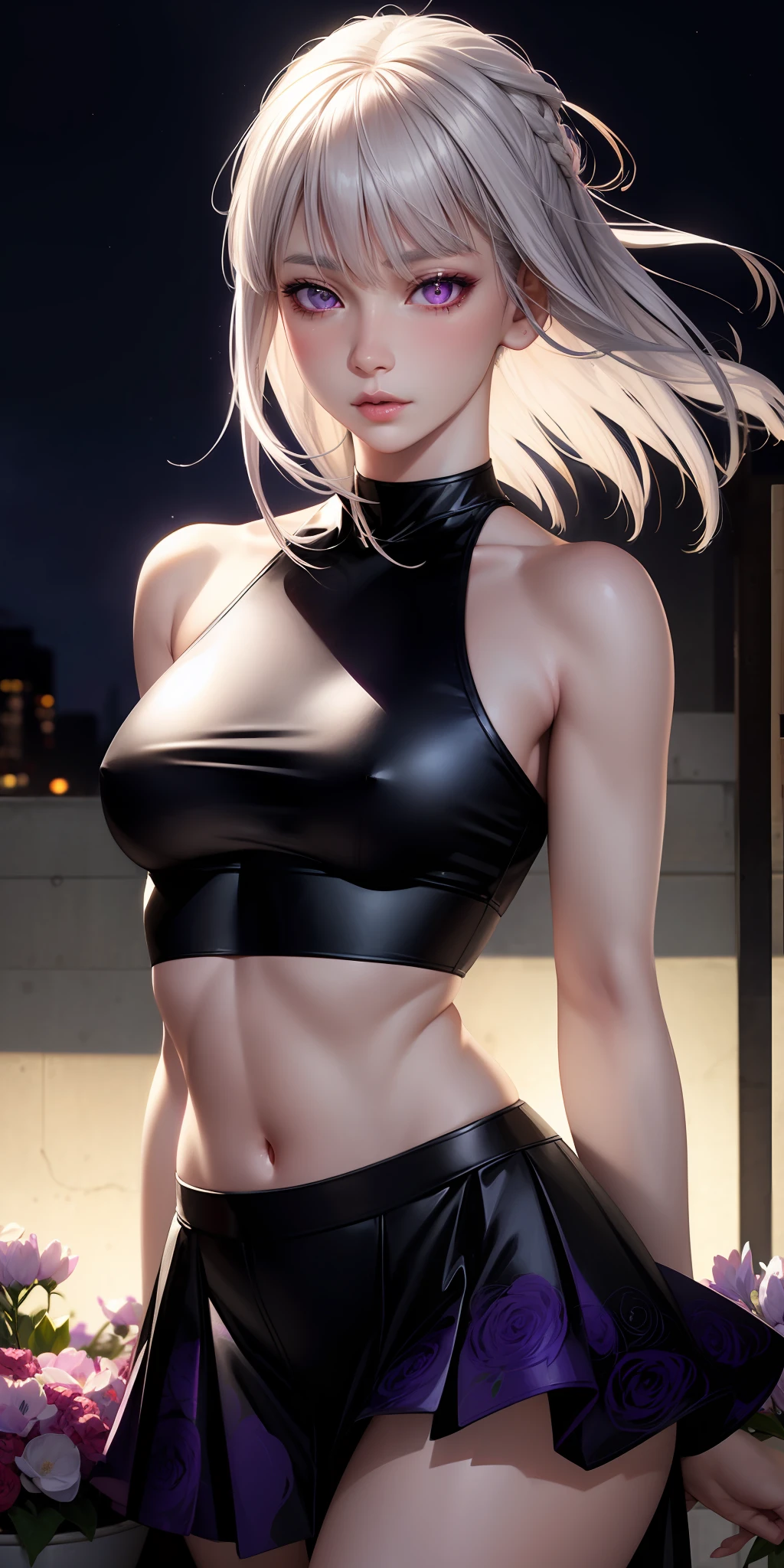 realistic, 1girl, white hair, purple eyes, glowing eyes, crop top, skirt, parted lips, blush, night, flowers, sun, sunlight,