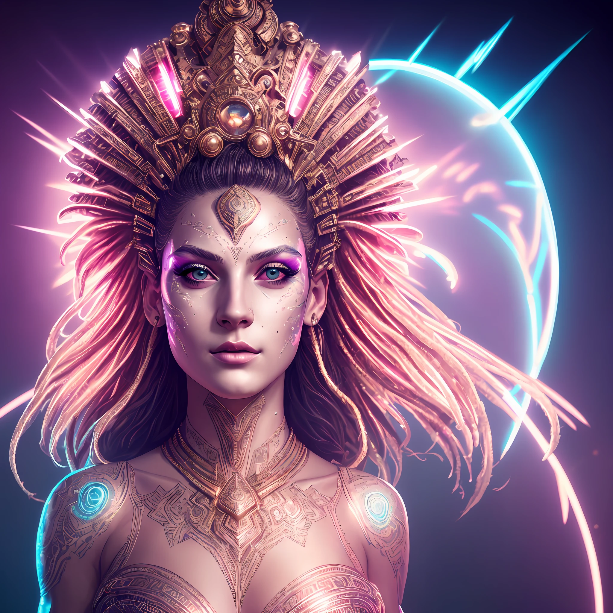 (swpunk style:1) synthwave portrait of a woman as a beautiful goddess, light rays, light bands, lightgeo, beautiful intricate filegrid facepaint, intricate, elegant, highly detailed, digital painting, concept art