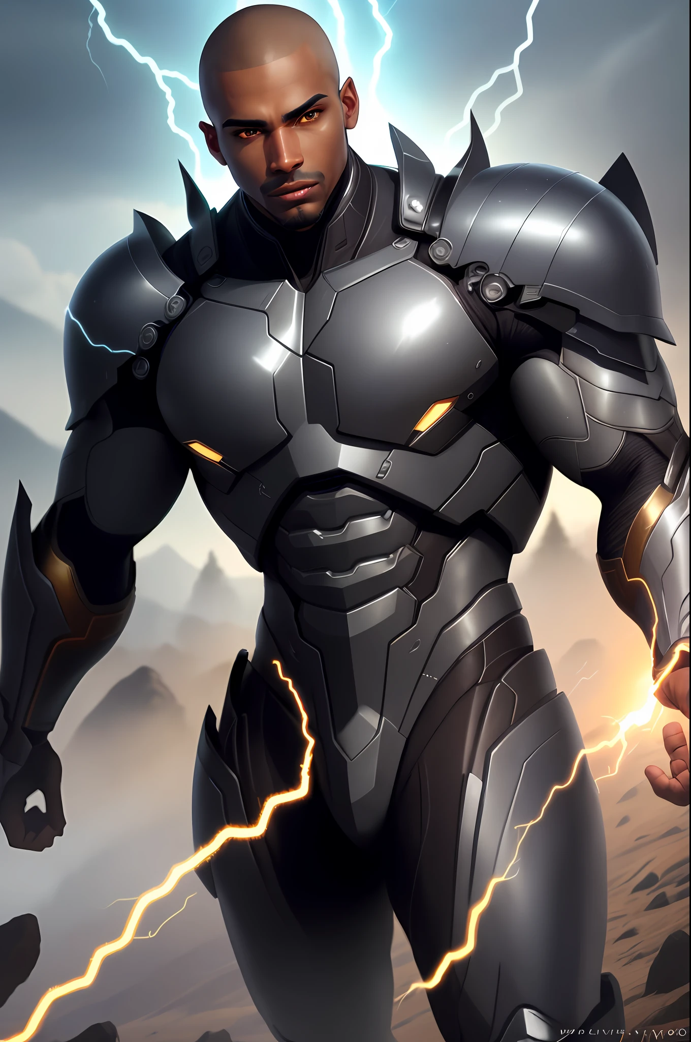 Male, dark skin tone, Latino, shaved head, heroic uniform, 1.7m tall, muscular, lightning bolts coming out of his hands, facial hair, glowing pupils, hardened face, gradient eyes, glowing eyes, yellow eyes, Concept art, Hyperrealism, Countryside color painting, cinematic lighting, glow, reflection light, close up, UHD, masterpiece, accurate, anatomically correct, textured skin, super detail, high quality, high detail, award winning, best quality, high resolution, 8k