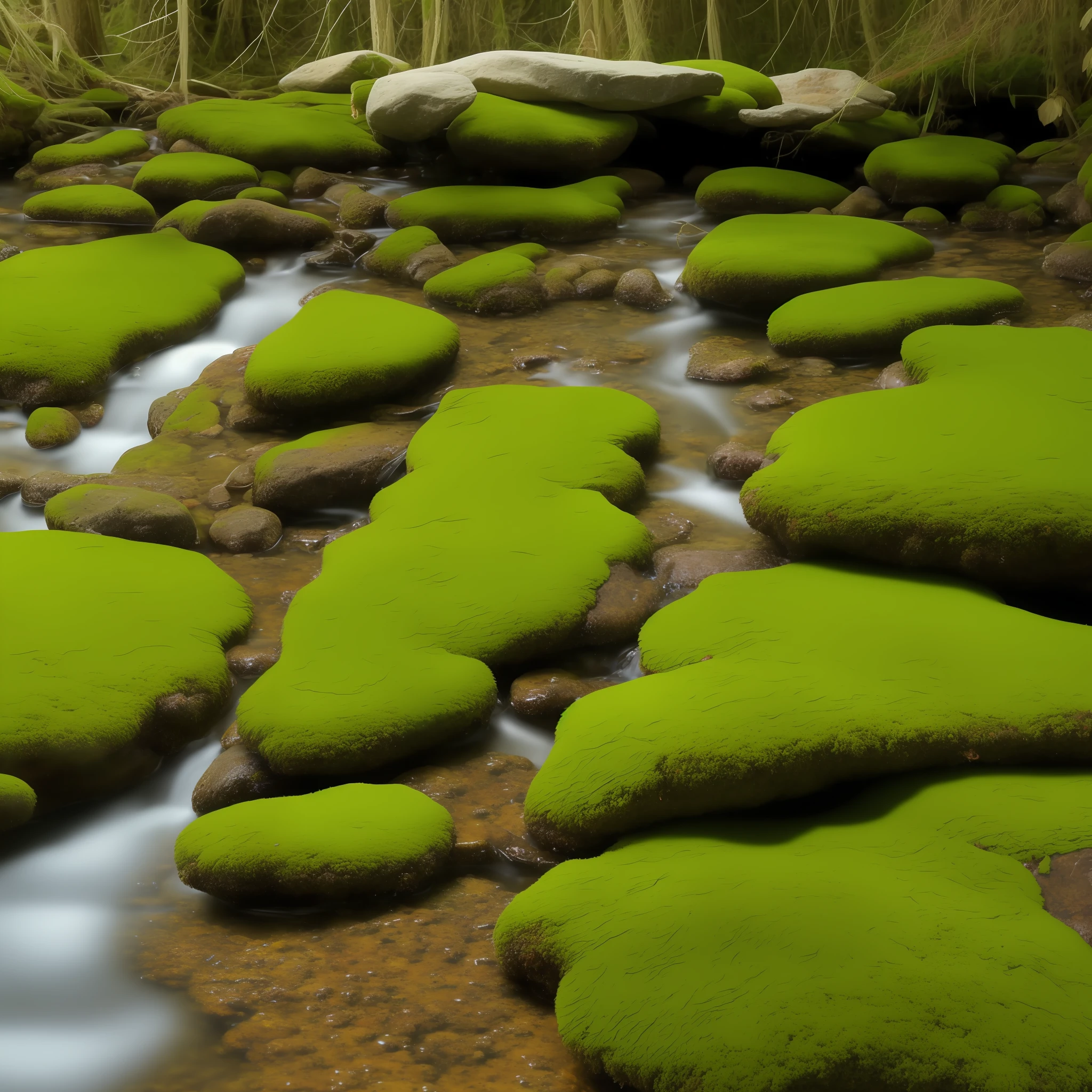 moss\(style\),(blue sky),clouble,sunlight,no humans,scenery,water,stone,tree-root carving,inverted image,day,moss,