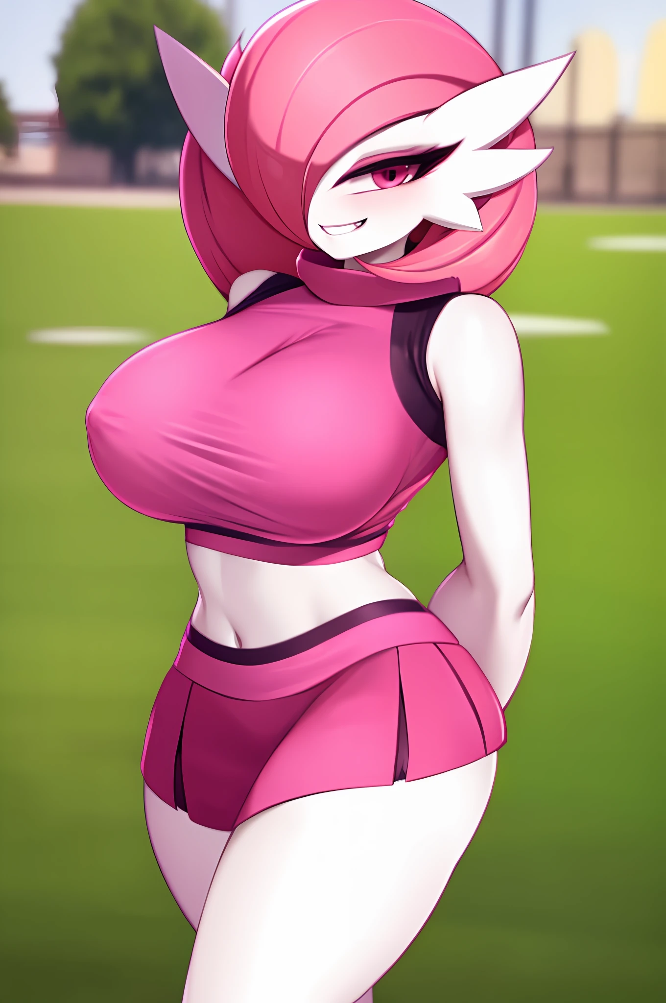 (Gardevoir), beautiful,masterpiece, (smirk:1.3),(huge breasts),smile,best quality, loose solid pink sleeveless crop top sweater, silky pink skirt, cheerleader uniform, (cheerleader:1.5), outdoors,sunny,(1girl:1.3), wide hips, loose top