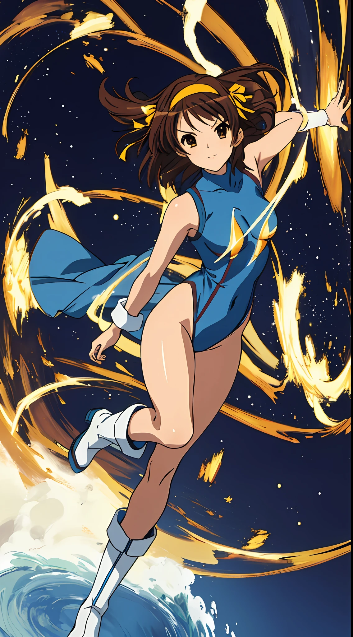 masterpiece, best quality, highres, 1girl, solo, superhero, leotard, blue and white leotard, bare legs, brown hair, short hair, brown eyes, hairband, medium hair, ribbon, boots, matching boots, blue boots, medium breasts, cowboy shot, standing, city backdrop, haruhi suzumiya, kyoani haruhi style, sleeveless, tornado spin, spin, twirl, wind particles, light particles, swirls, tornado swirls, super-spin,