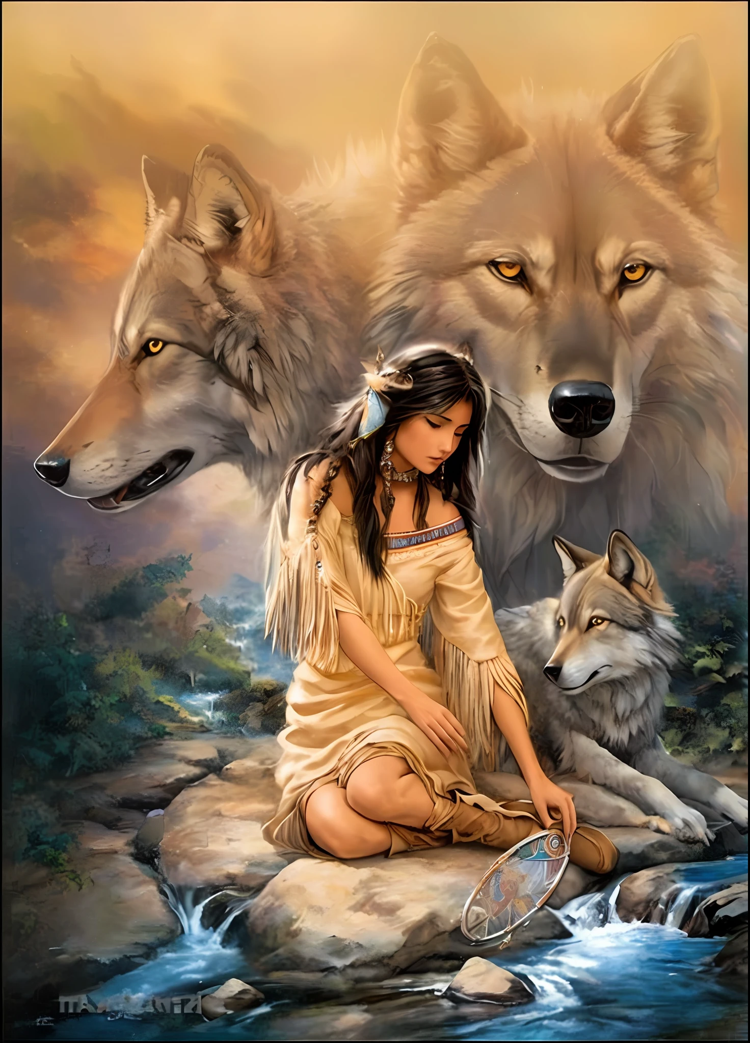 a painting of a woman sitting on a rock next to two wolfs, wolves and their treasures, native american art, : native american shamen fantasy, wolves, wolfgirl, by Howard Lyon, native american, louis royo, female anthropomorphic wolf, by Stan Stokes, angiewolf, beautiful depiction, great wolf, native art, ( art fitzpatrick )