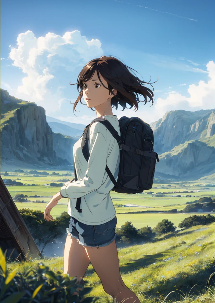 (beautiful and magnificent skyline, majestic sky), (extremely tense and dramatic pictures, moving visual effects), (high hanging Polaris, colorful natural light), (1girl), (long-sleeved top, denim shorts, carrying a backpack), (dynamic pose:1.3, black eyes, black hime-cut hair, sparkling girl)[:0.8], (large grassland), (oncoming breeze), (brown hair and background Coordination effect: 1.2), (close shot, long shot mix and match)[::0.9]