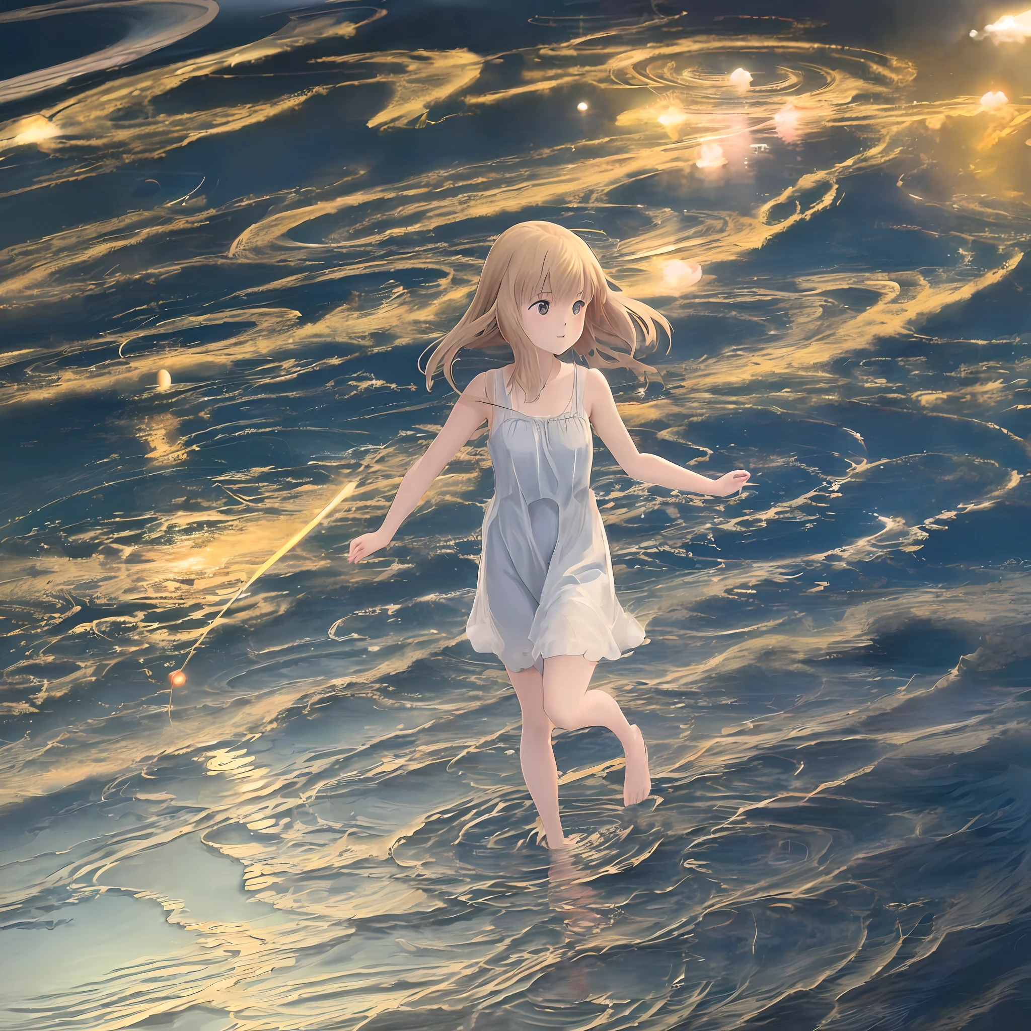 anime a girl walking on water, ripples, dawn background, saturn in background, illustration, concept art, anime, key visuals, trending Pixiv fan box by WLOP and Greg Rutkowski and Makoto Shinkai and Mamoru Hosoda and Studio Ghibli