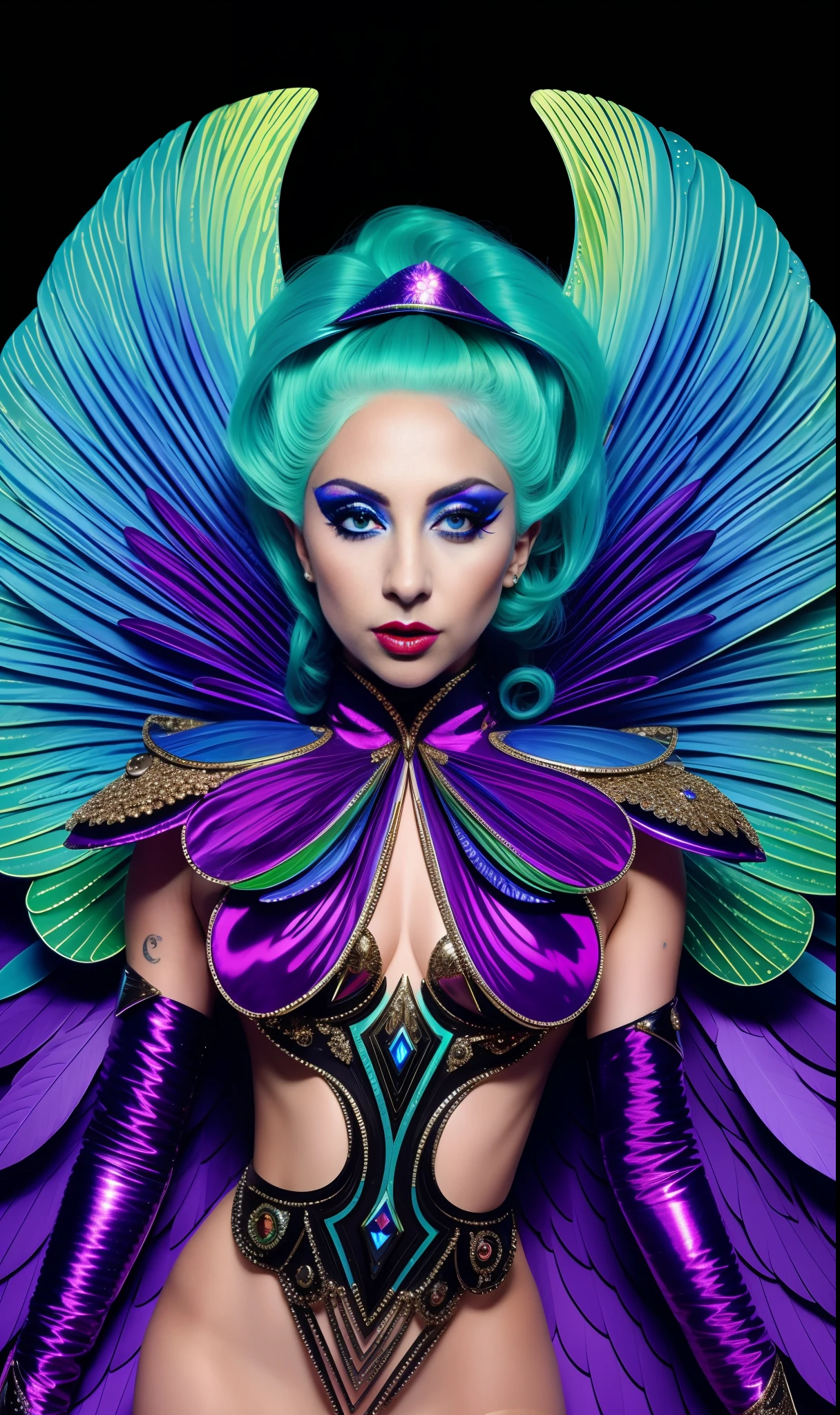 Photo of elf lady gaga with wings, 4K texture, robotic and extravagant dress and strange hairstyle, 8k image, haute couture, flashes, high image quality, extravagant and bright dress, realistic face and body