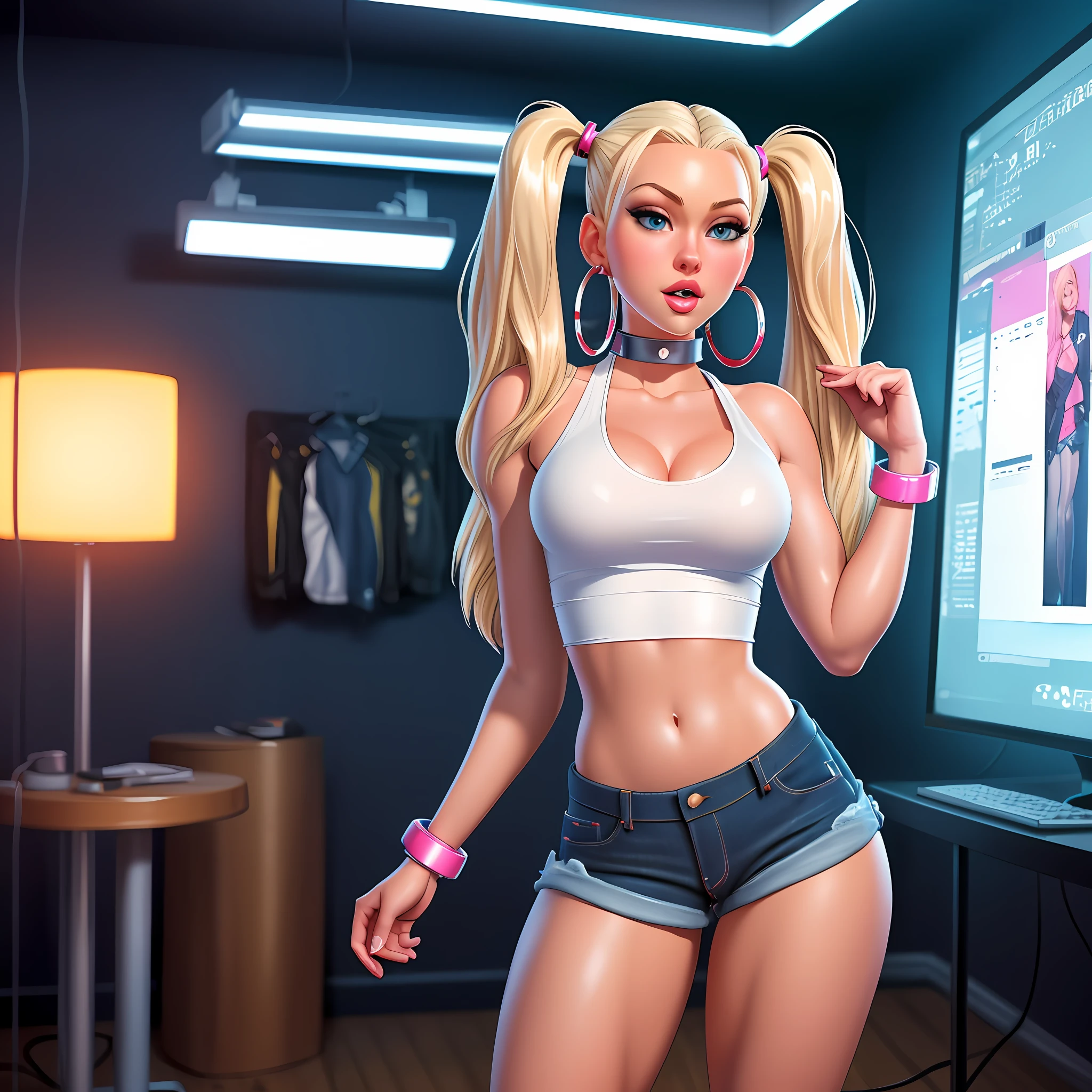 analog style, woman, (thepit bimbo:0.6)), blue eyes, white crop top with text, hoop earrings, detailed, skin texture, back-length hair, blonde hair, full lips, full body perspective, platform heels, collar, red jacket, centered, tan skin, looking at viewer, kneesocks, 8k, highly detailed, glossy, [Nina Dobrev|Emma Stone], symmetric, realistic, photo-realistic, cleavage focus, pout, jeans shorts, bracelet, studio lights, wide hips, glowing colors, glowing skin, li, small breasts, flat chest, twintails