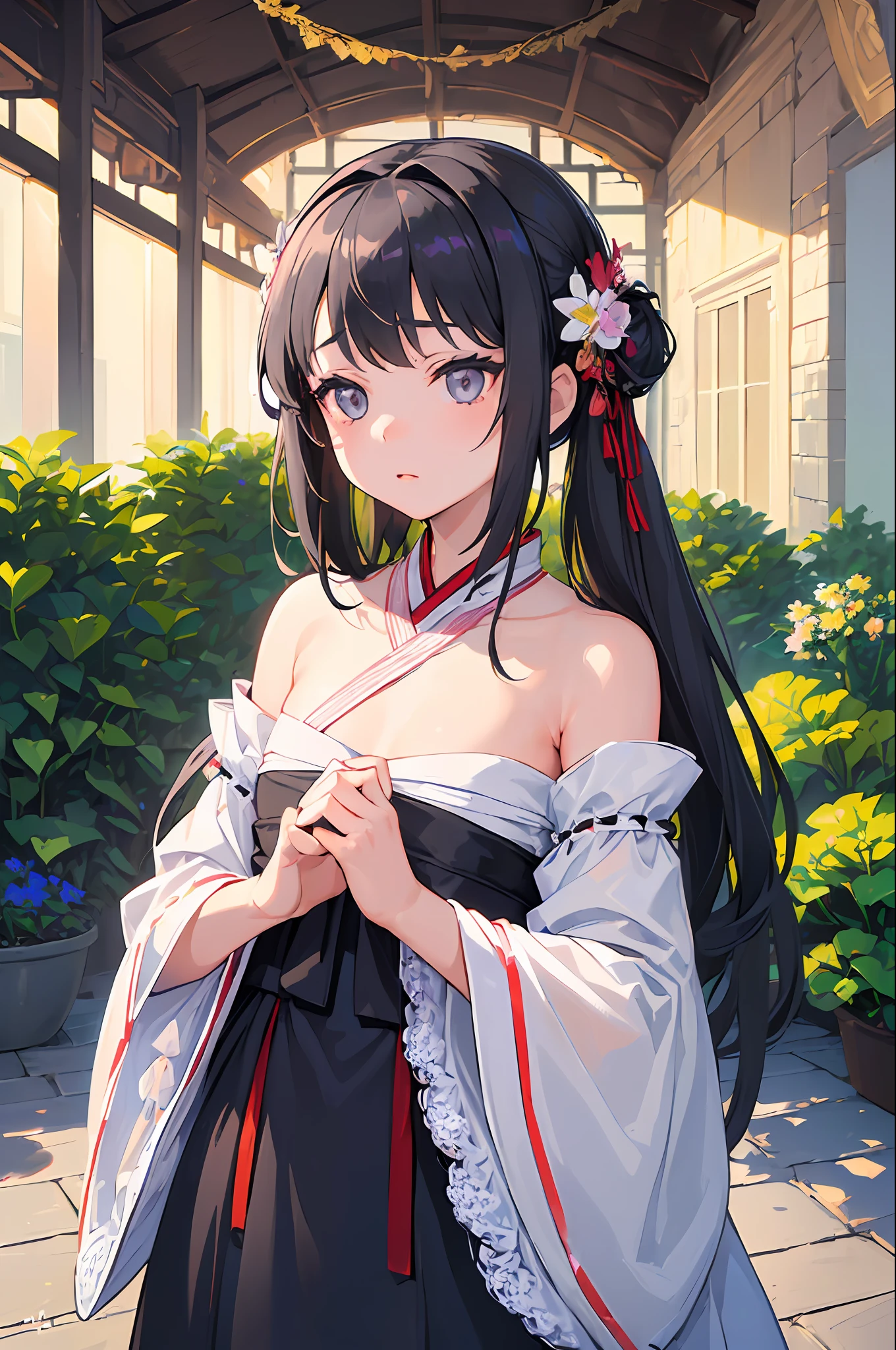 (little girl:1.5),lace,ribbon,hanfu,(masterpiece, sidelighting, finely detailed beautiful gray eyes: 1.2), masterpiece, realistic, glowing eyes,shiny hair,black hair,long long hair, lustrous skin, solo, embarassed,Strapless,exquisite,beautifly,garden,flowers,flying petals,