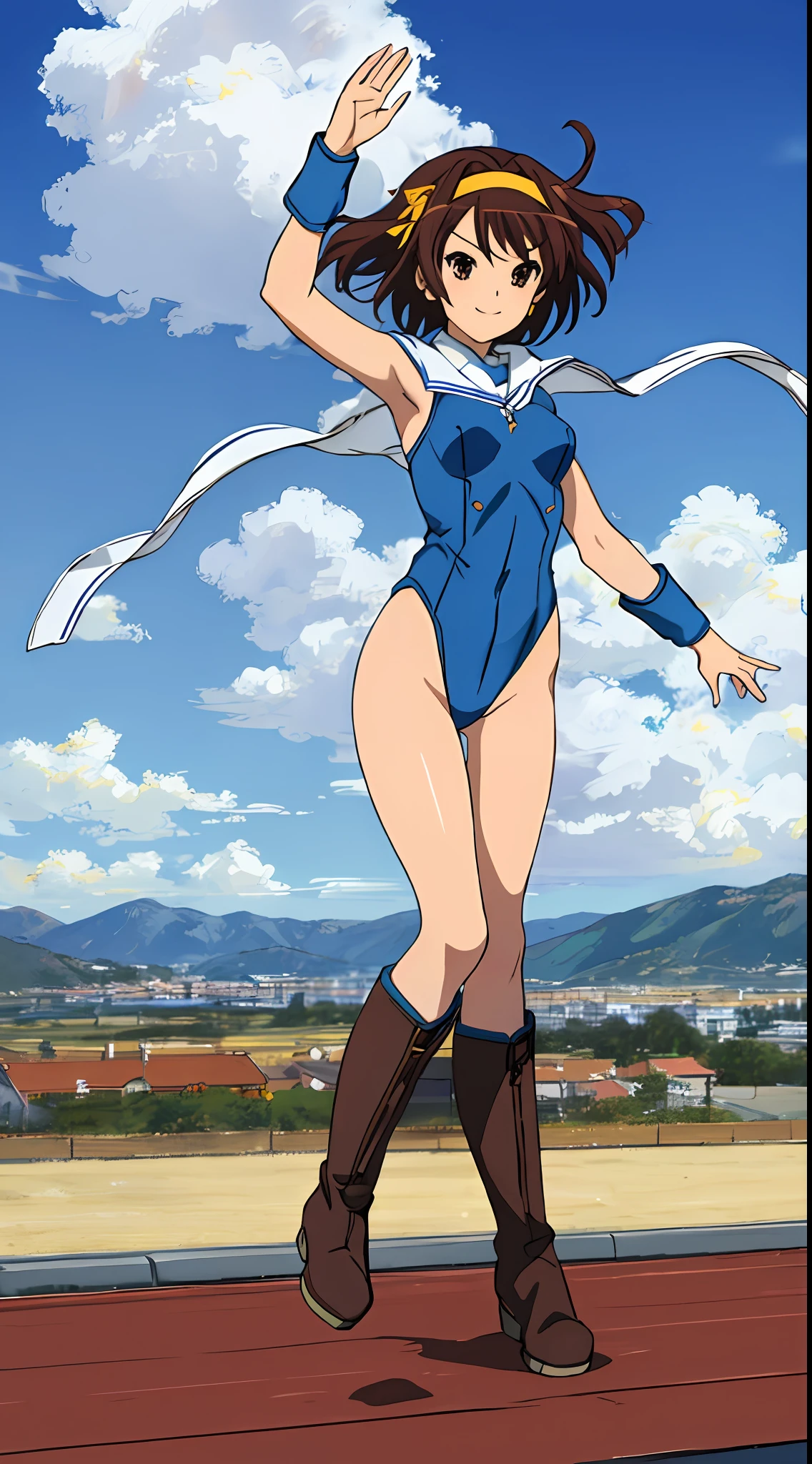 masterpiece, best quality, highres, 1girl, solo, superhero, leotard, blue and white leotard, bare legs, brown hair, short hair, brown eyes, hairband, medium hair, ribbon, boots, matching boots, blue boots, medium breasts, cowboy shot, standing, smile, sky backdrop, haruhi suzumiya, kyoani haruhi style, sleeveless, flying, flying pose. looking at viewer,